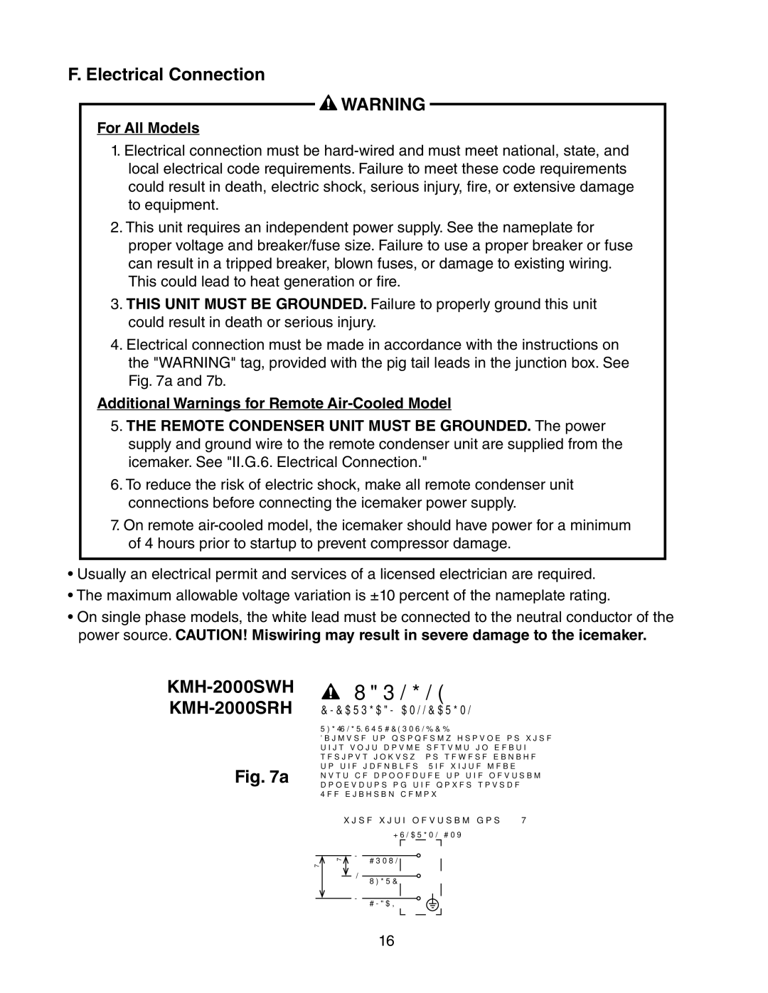 Hoshizaki KMH-2000SRH/3 Electrical Connection, For All Models, Additional Warnings for Remote Air-Cooled Model 