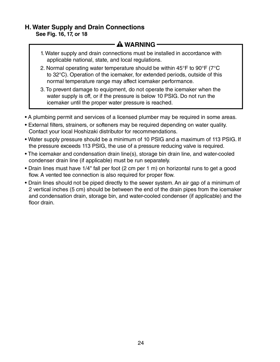 Hoshizaki KMH-2000SRH/3, KMH-2000SWH/3 instruction manual Water Supply and Drain Connections, See , 17, or 