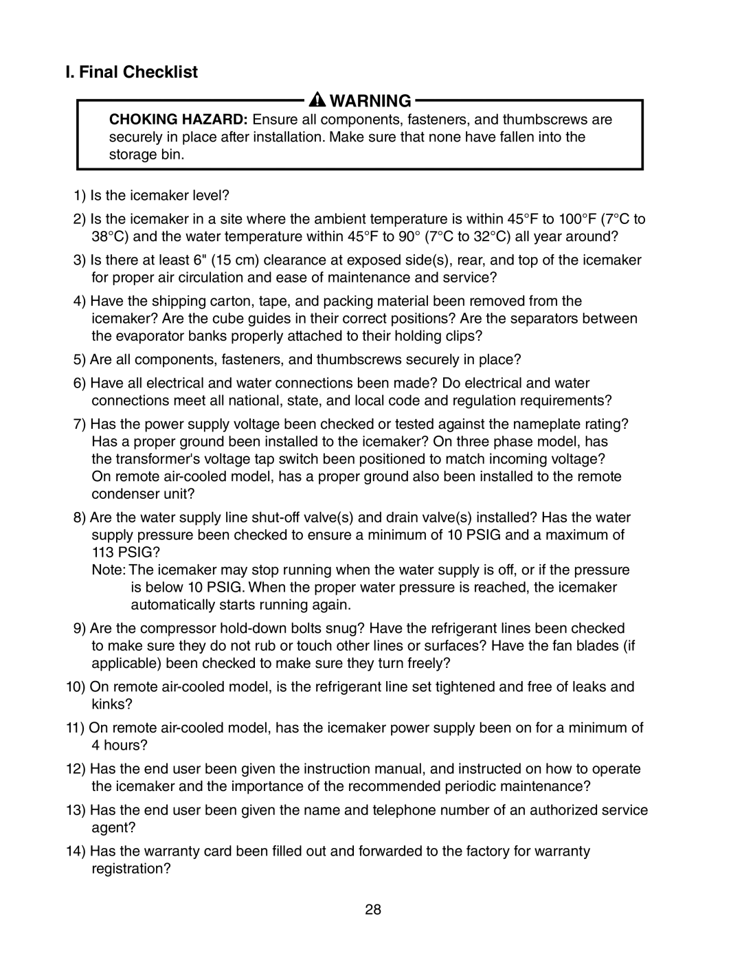 Hoshizaki KMH-2000SRH/3, KMH-2000SWH/3 instruction manual Final Checklist 