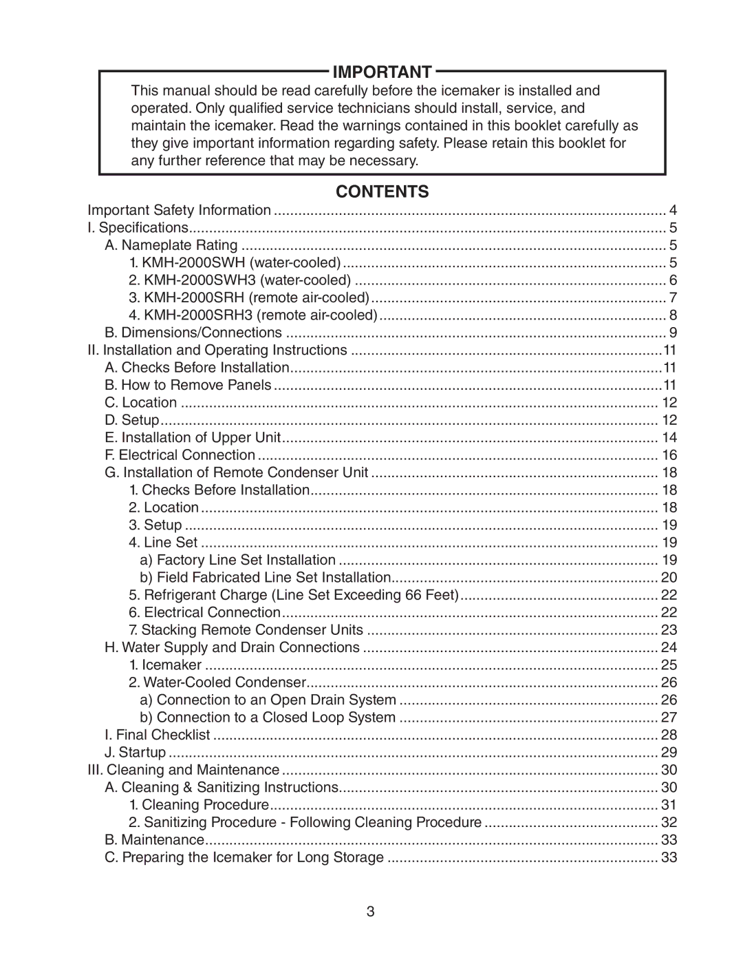 Hoshizaki KMH-2000SWH/3, KMH-2000SRH/3 instruction manual Contents 