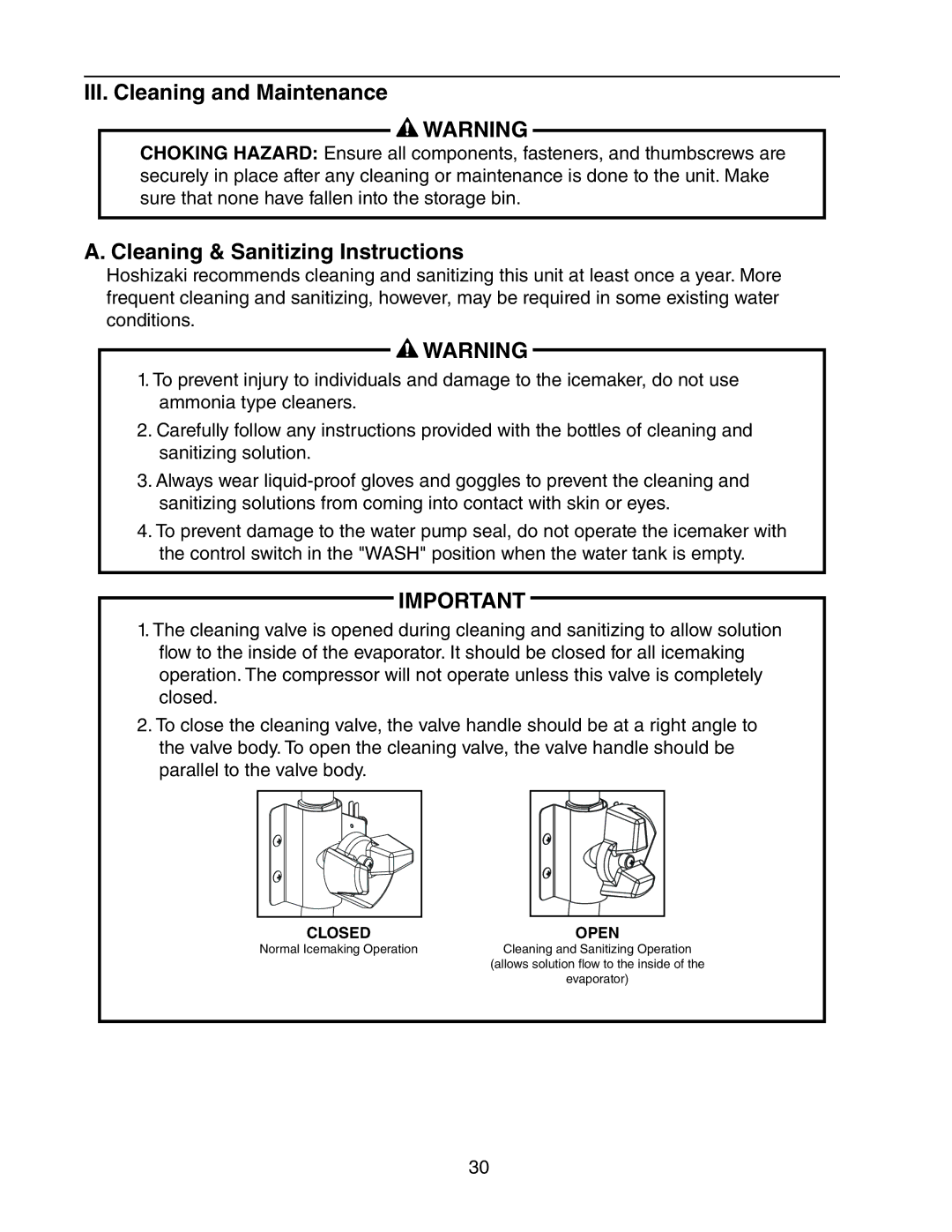 Hoshizaki KMH-2000SRH/3, KMH-2000SWH/3 instruction manual III. Cleaning and Maintenance, Cleaning & Sanitizing Instructions 