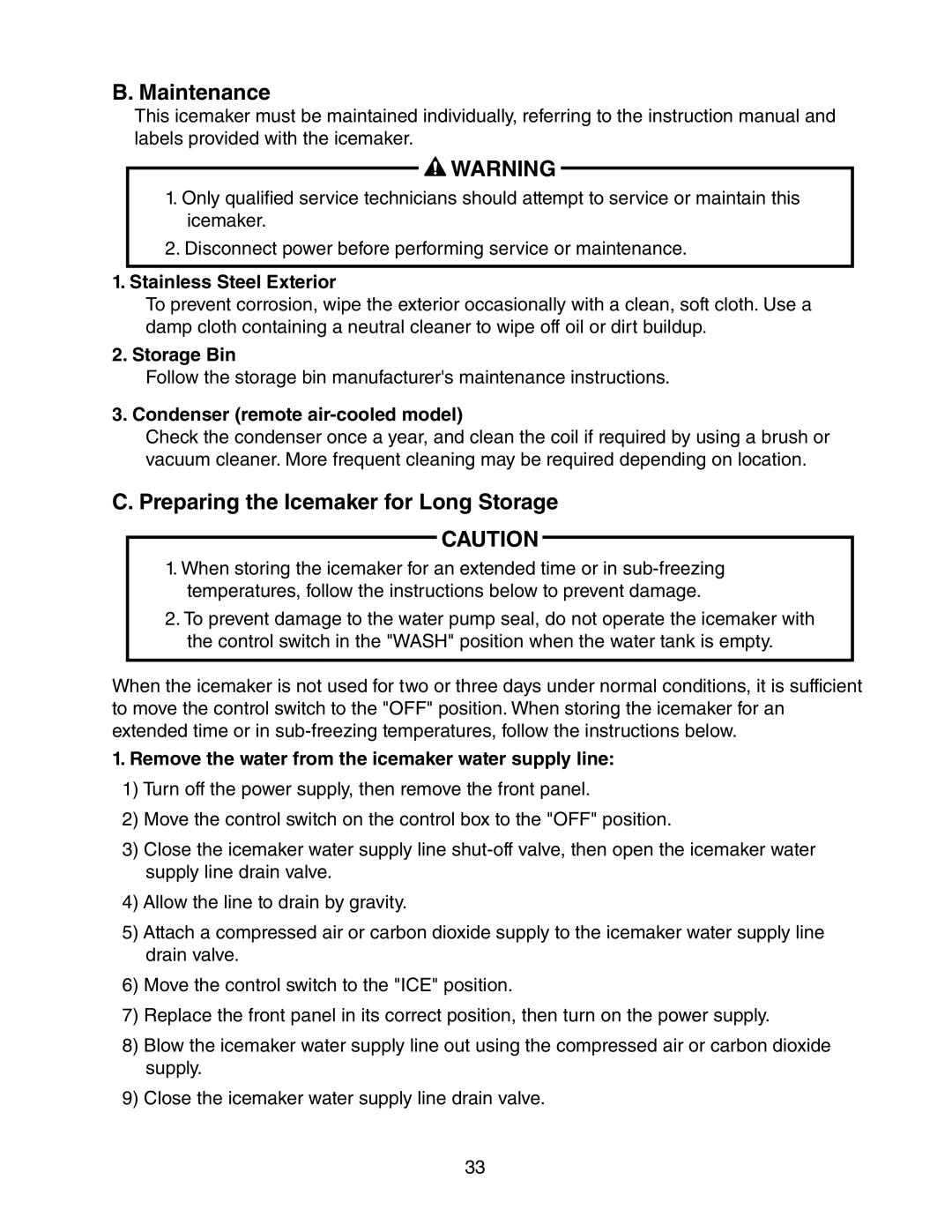 Hoshizaki KMH-2000SWH/3, KMH-2000SRH/3 instruction manual Maintenance, Preparing the Icemaker for Long Storage 