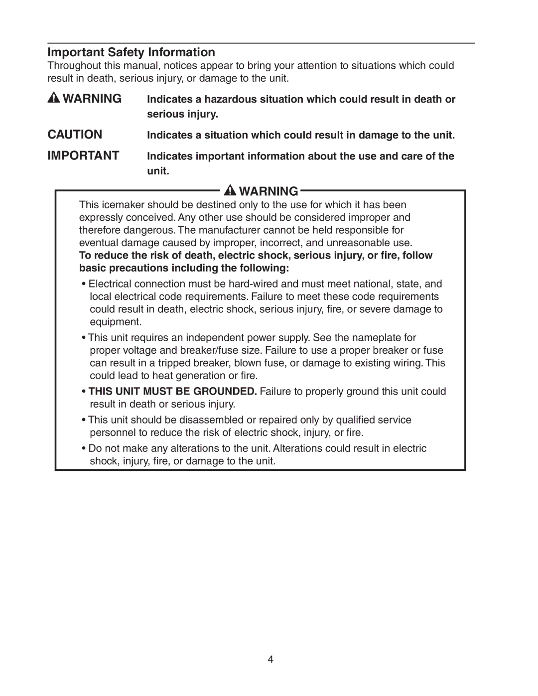 Hoshizaki KMH-2000SRH/3, KMH-2000SWH/3 instruction manual Important Safety Information, Serious injury, Unit 