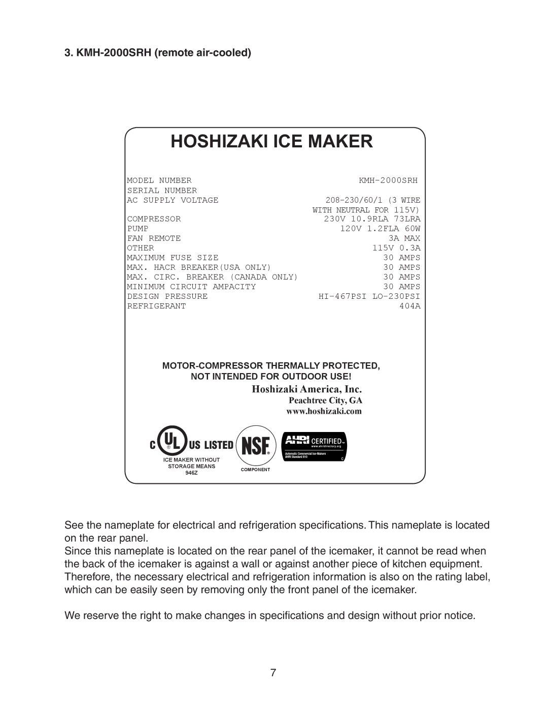 Hoshizaki KMH-2000SWH/3, KMH-2000SRH/3 instruction manual KMH-2000SRH remote air-cooled 