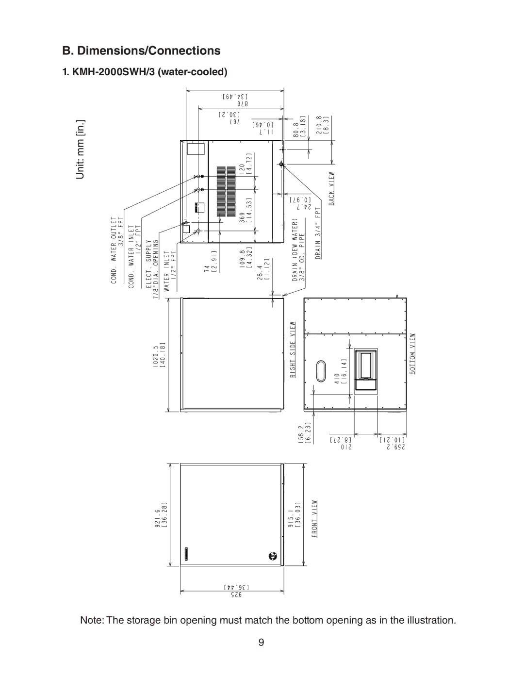 Hoshizaki KMH-2000SRH/3 instruction manual Dimensions/Connections, KMH-2000SWH/3 water-cooled 