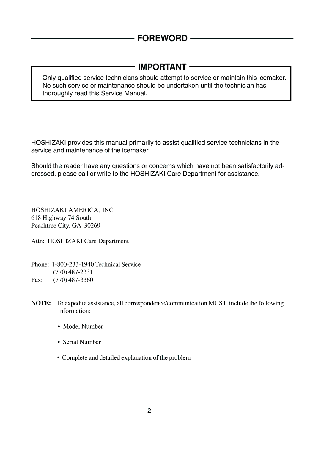 Hoshizaki KML-200MAE, KML-200MWE service manual Foreword 