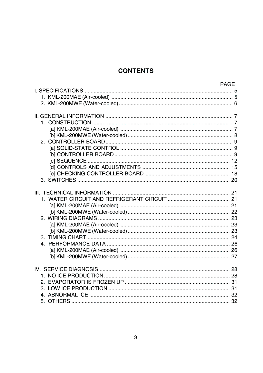 Hoshizaki KML-200MWE, KML-200MAE service manual Contents 