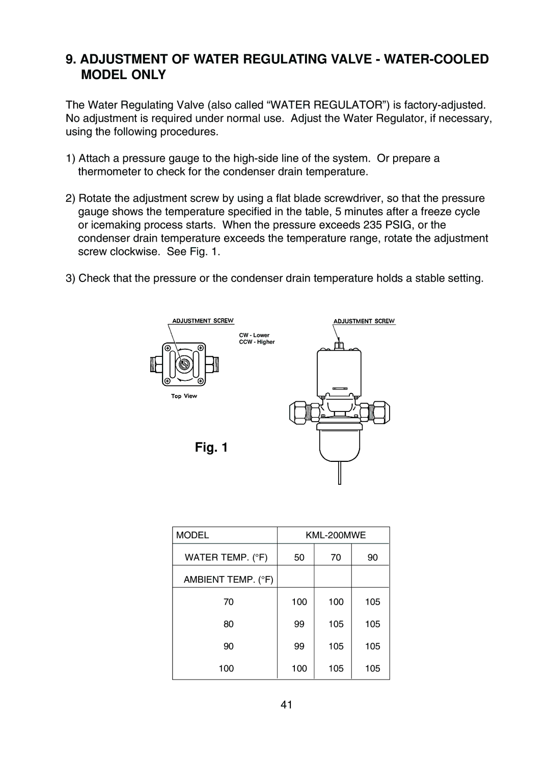 Hoshizaki KML-200MWE, KML-200MAE service manual Adjustment of Water Regulating Valve WATER-COOLED Model only 