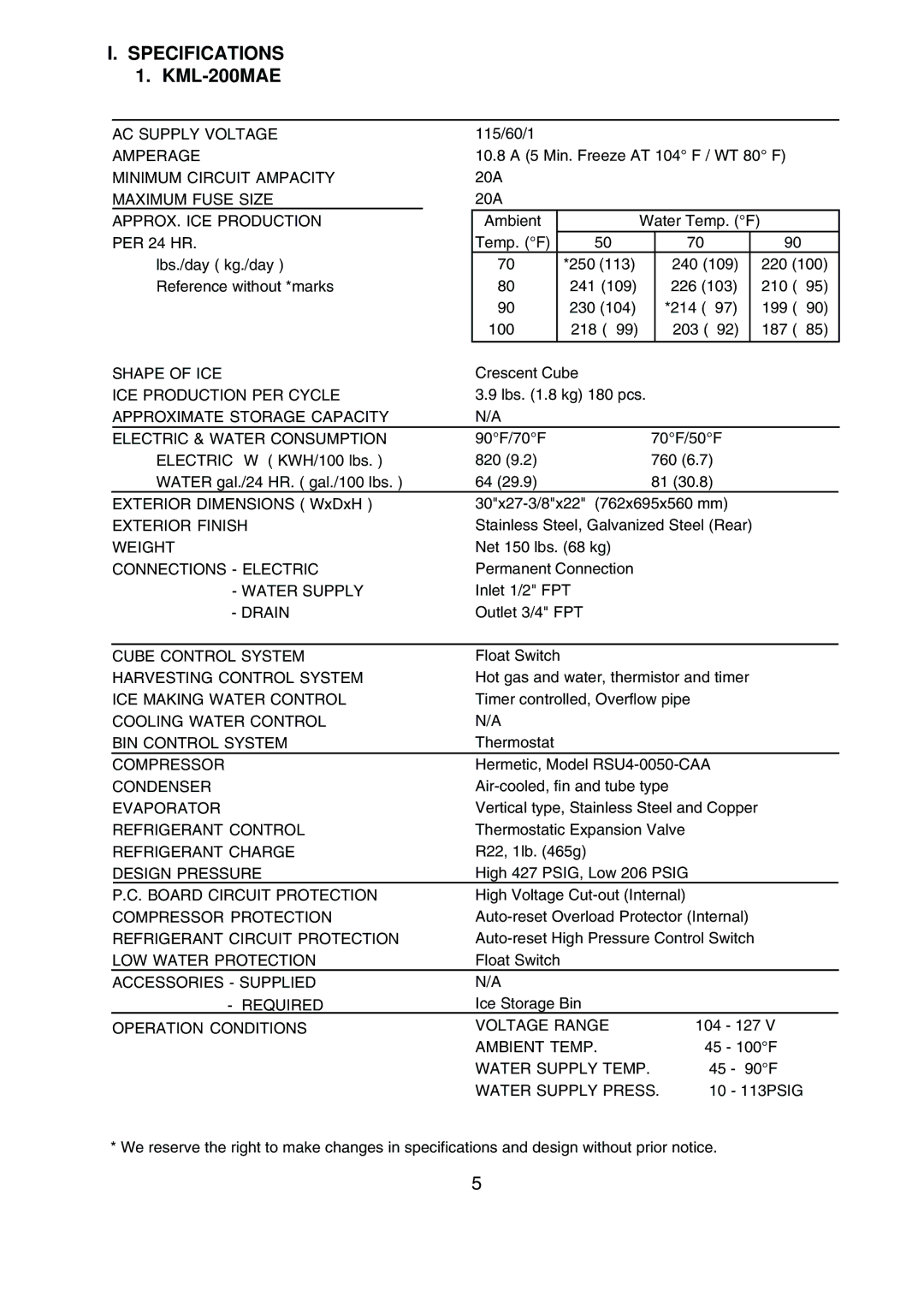 Hoshizaki KML-200MWE service manual Specifications 1. KML-200MAE 