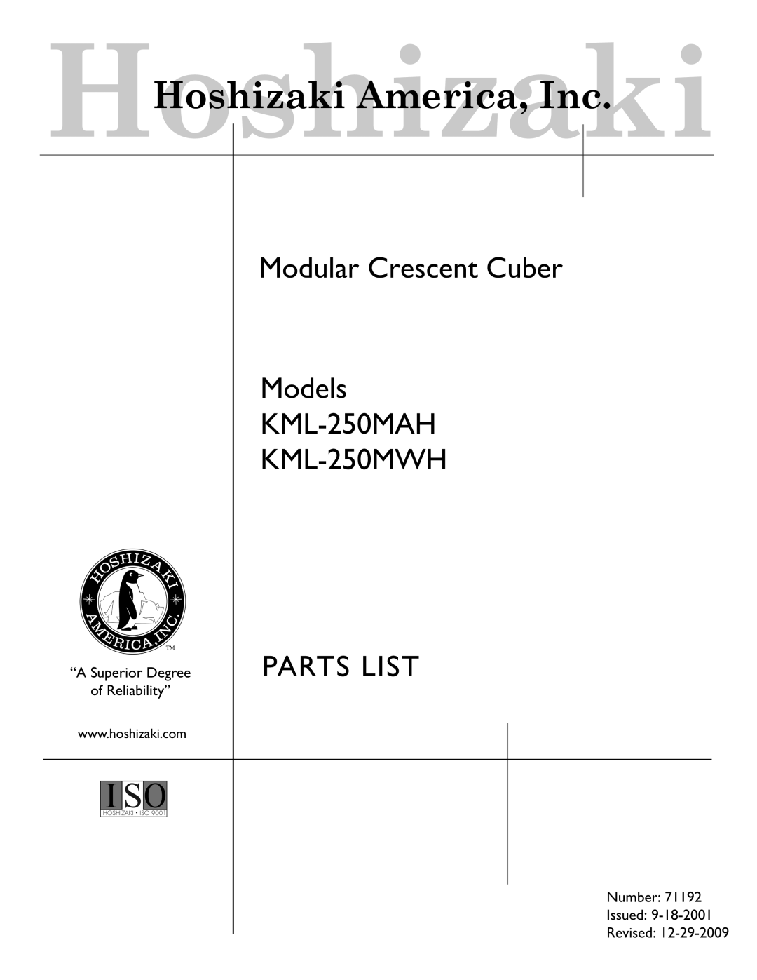 Hoshizaki MRH, MWH instruction manual Low-ProfileModular Crescent Cuber, “A Superior Degree of Reliability”, Issued 