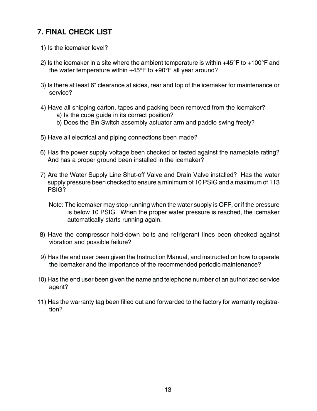 Hoshizaki KML-450MWH, KML-450MAH instruction manual Final Check List 