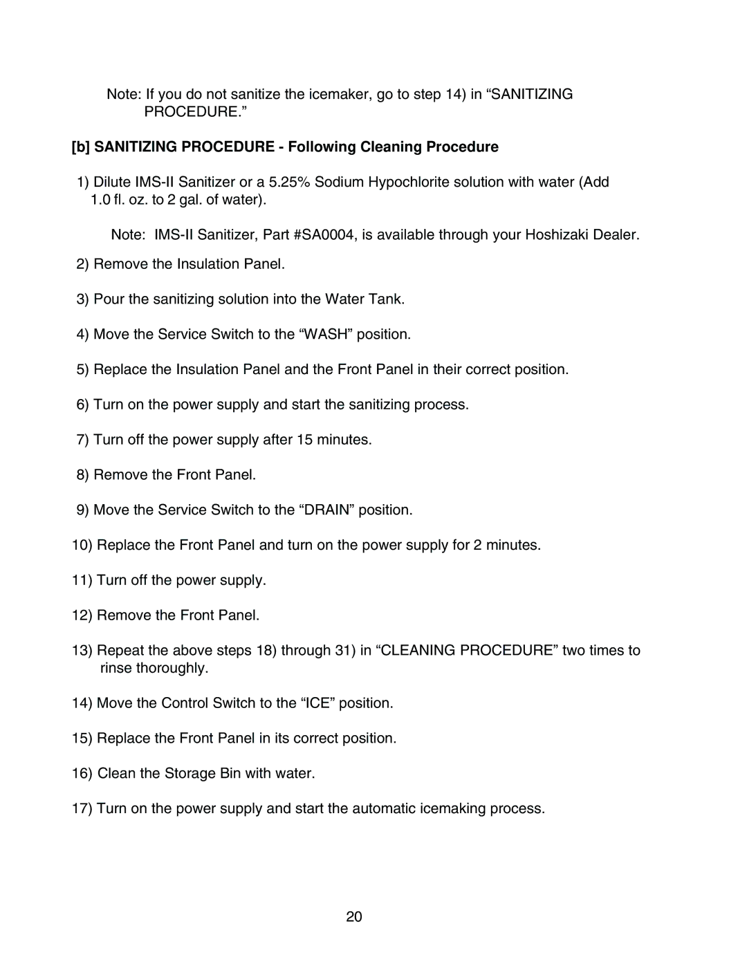 Hoshizaki KML-450MAH, KML-450MWH instruction manual Sanitizing Procedure Following Cleaning Procedure 