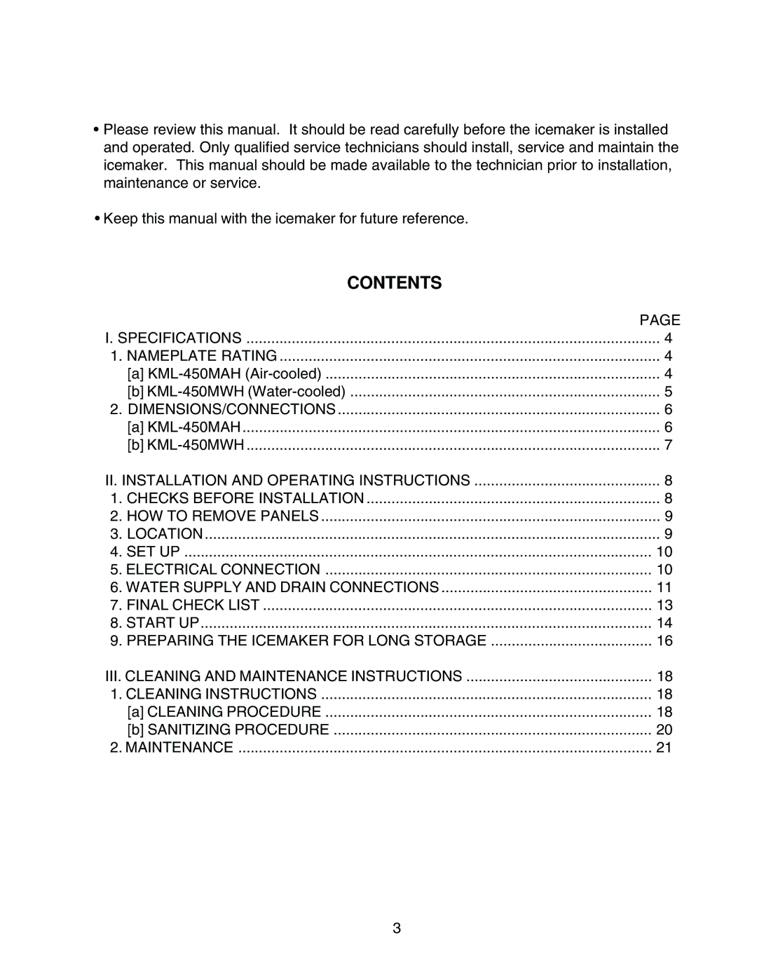 Hoshizaki KML-450MWH, KML-450MAH instruction manual Contents 