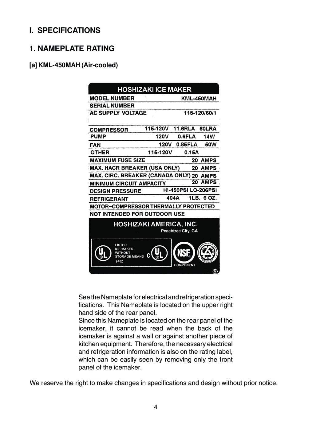 Hoshizaki KML-450MWH instruction manual Specifications Nameplate Rating, KML-450MAH Air-cooled 