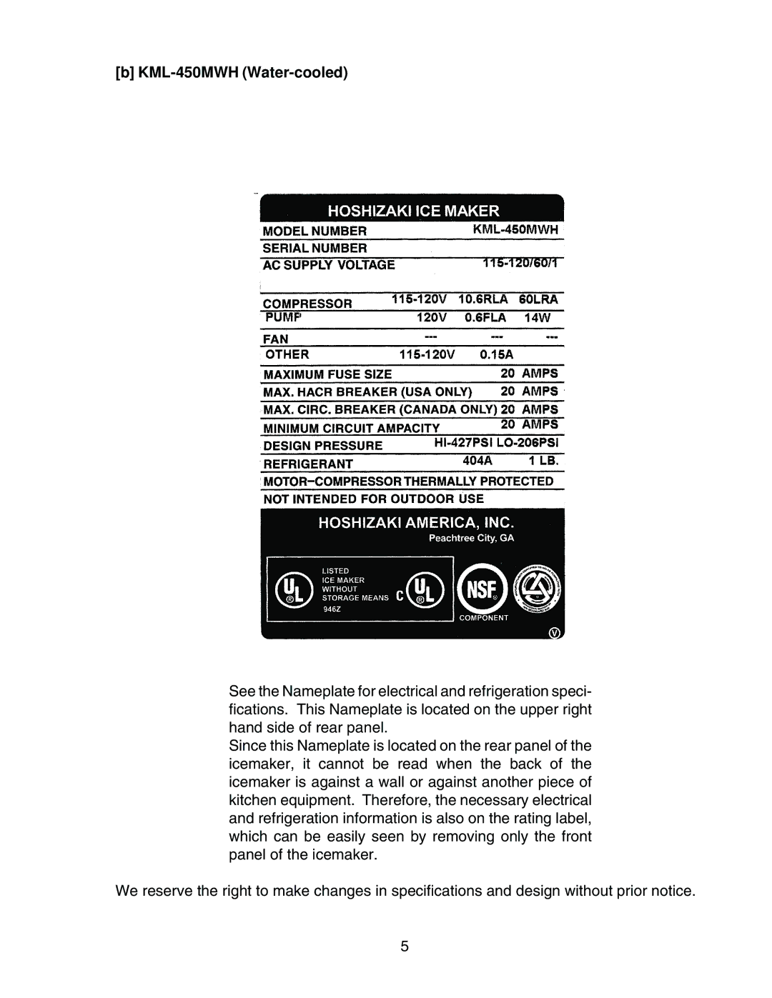 Hoshizaki KML-450MAH instruction manual KML-450MWH Water-cooled 