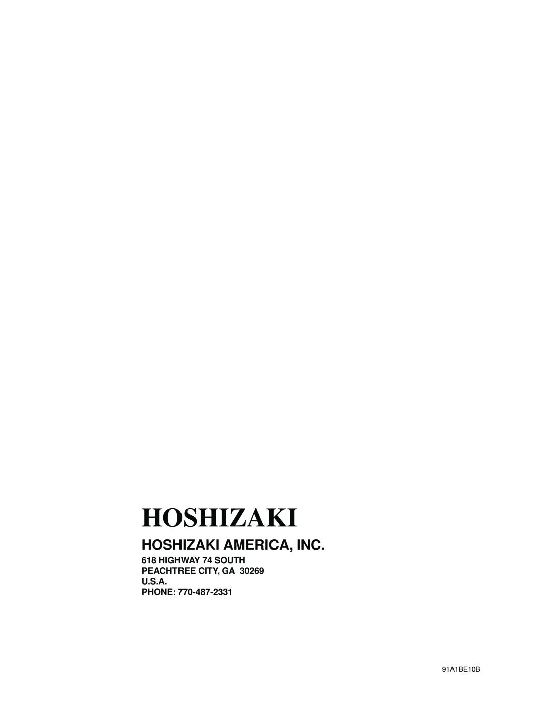 Hoshizaki KML-450MAH, KML-450MWH instruction manual Hoshizaki America, Inc, Phone, 91A1BE10B 