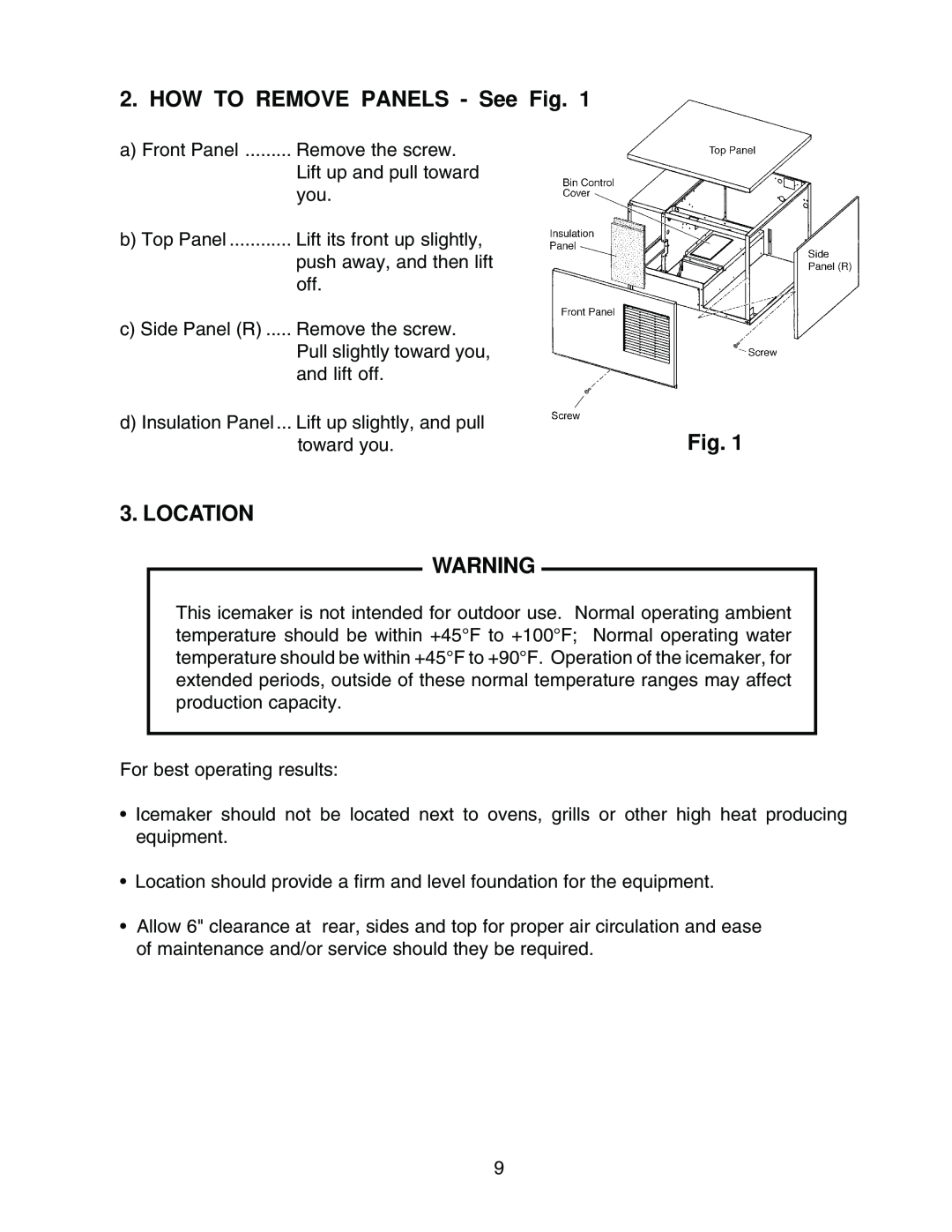 Hoshizaki KML-450MWH, KML-450MAH instruction manual HOW TO REMOVE PANELS - See Fig, Location 
