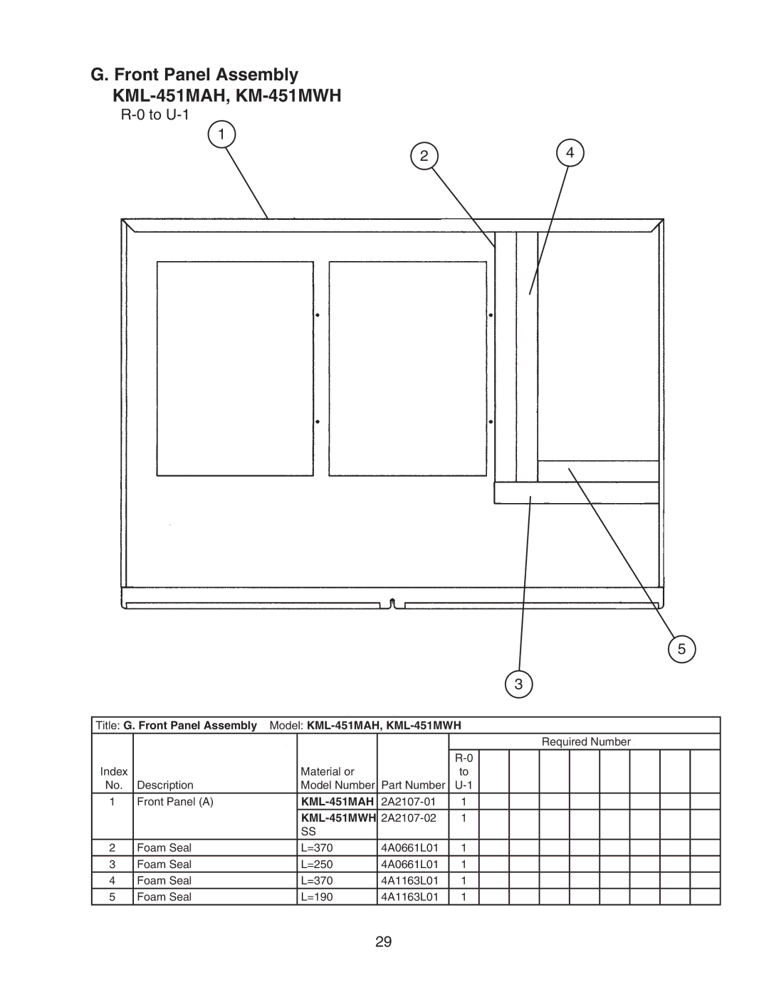 Hoshizaki manual KML-451MAH, KM-451MWH, Title G. Front Panel Assembly Model KML-451MAH, KML-451MWH 