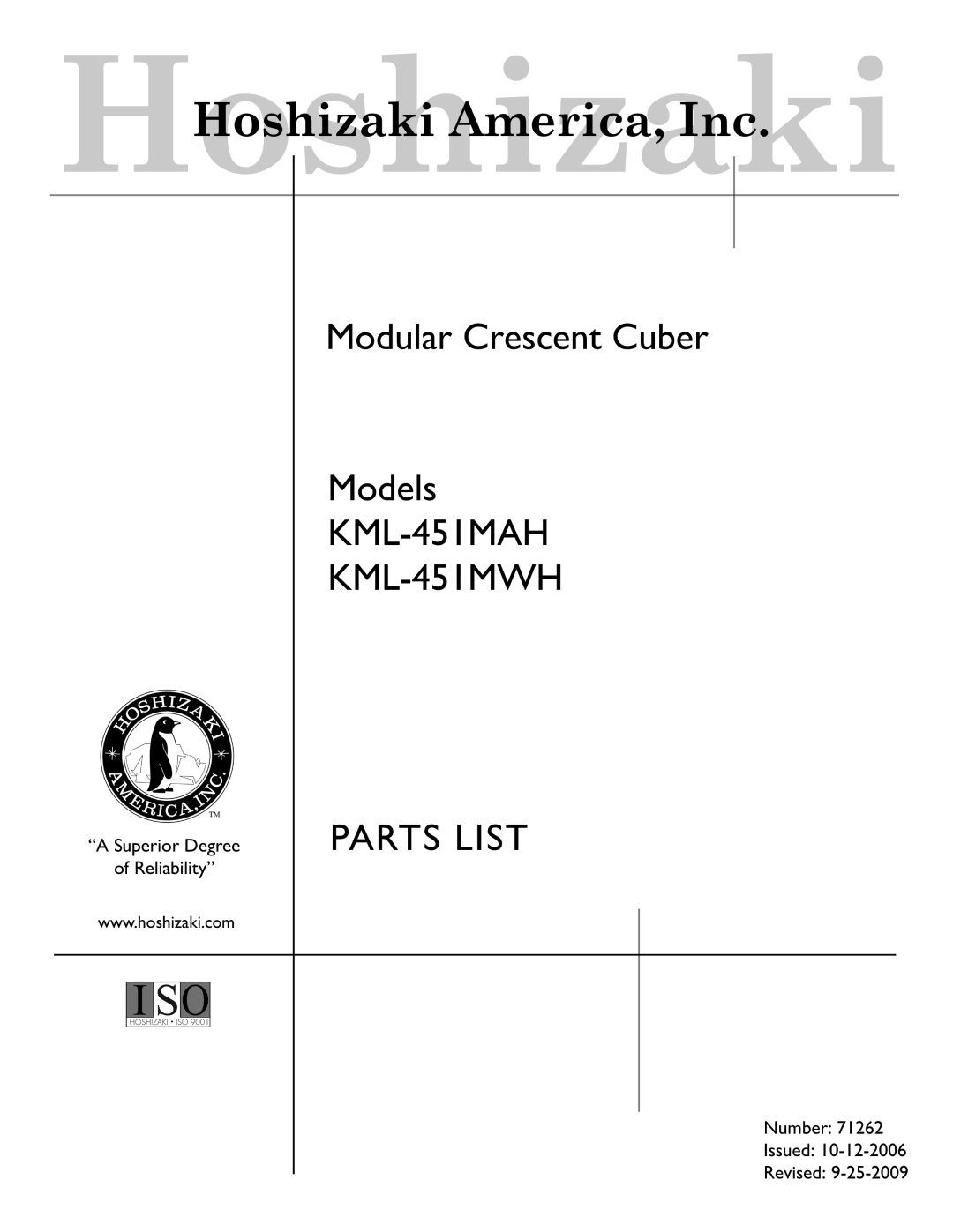 Hoshizaki manual Modular Crescent Cuber Models KML-451MAH KML-451MWH, Parts List, HoshizakiHoshizaki America, Inc 