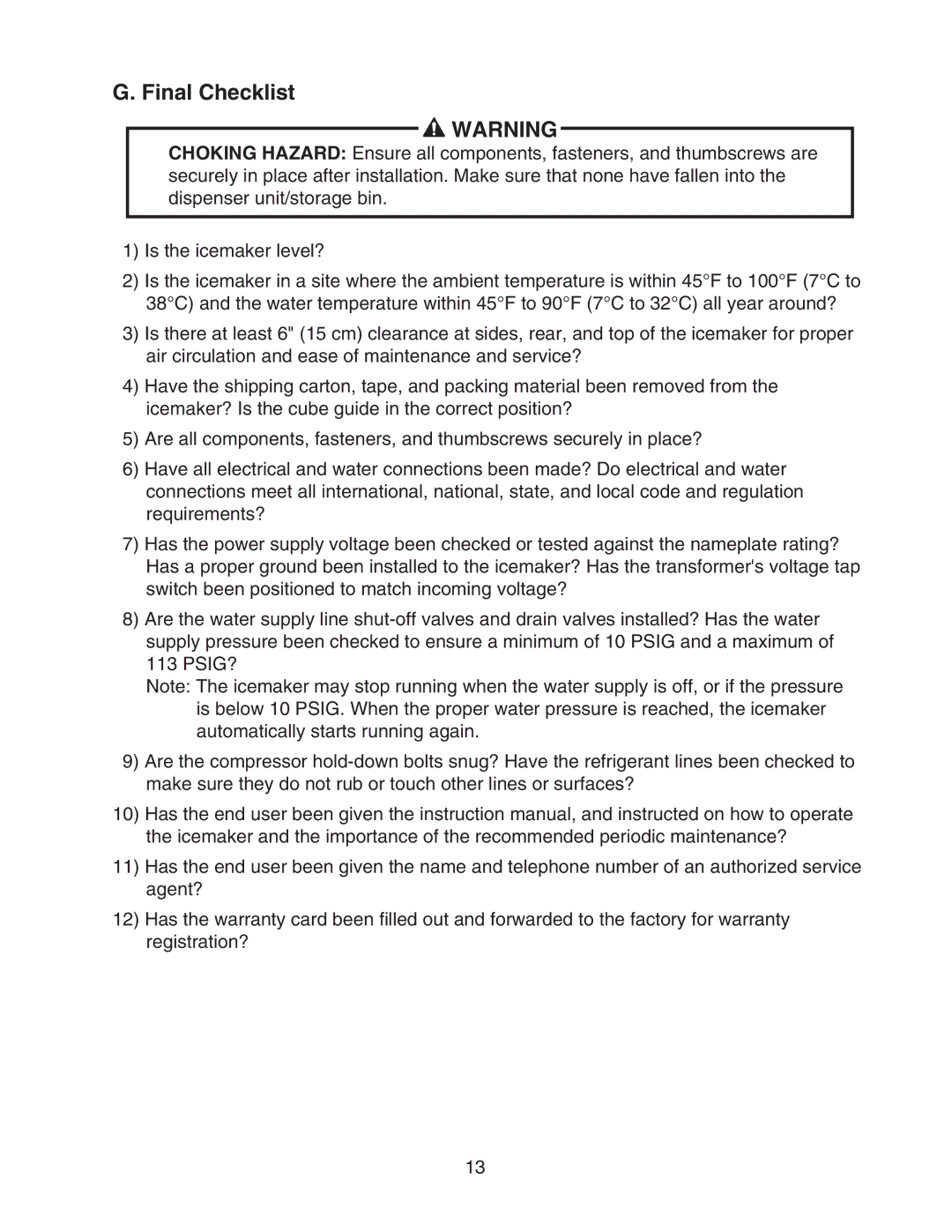 Hoshizaki KML-700MWH-M instruction manual Final Checklist 