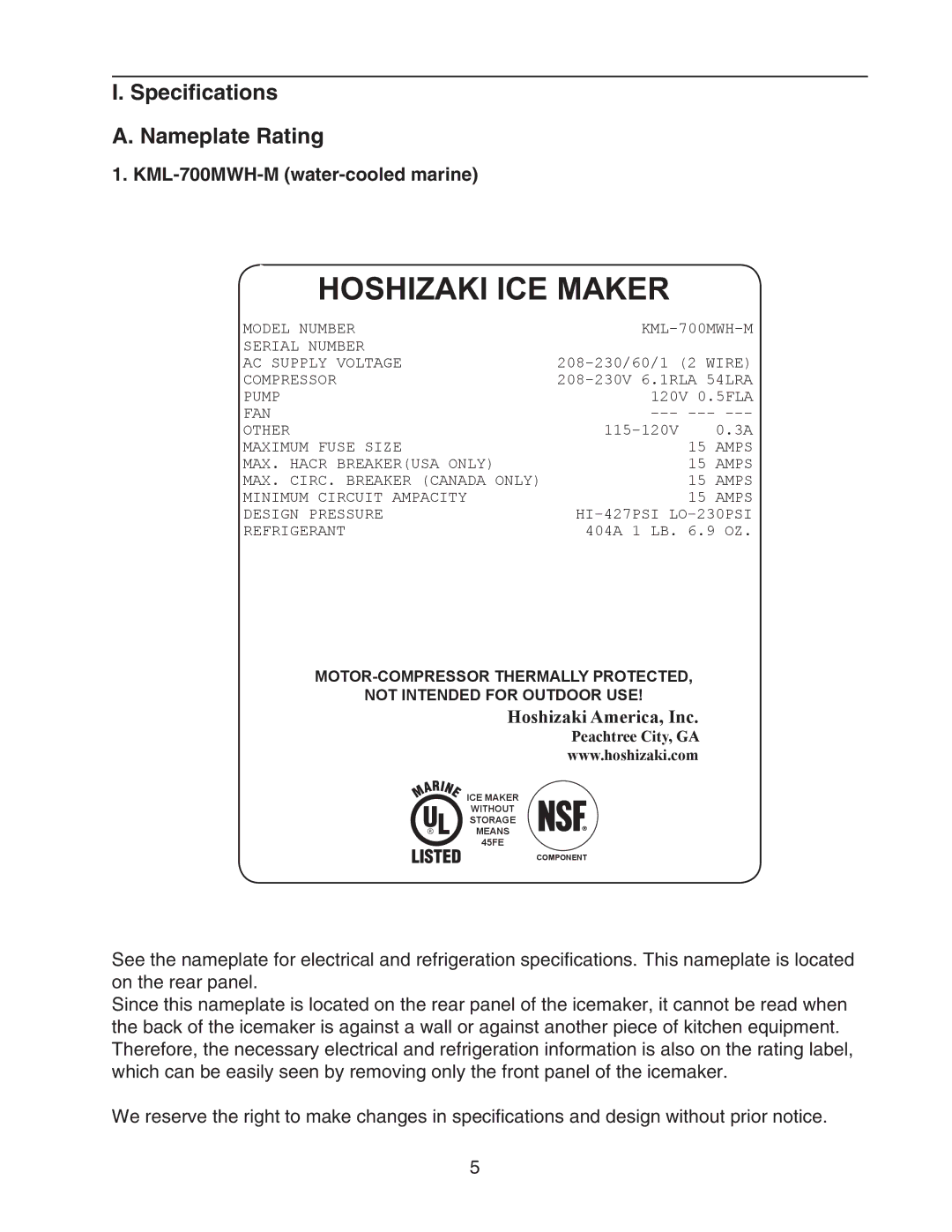 Hoshizaki instruction manual Specifications Nameplate Rating, KML-700MWH-M water-cooled marine 