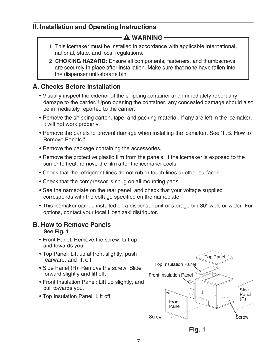 Hoshizaki KML-700MWH-M II. Installation and Operating Instructions, Checks Before Installation, How to Remove Panels 