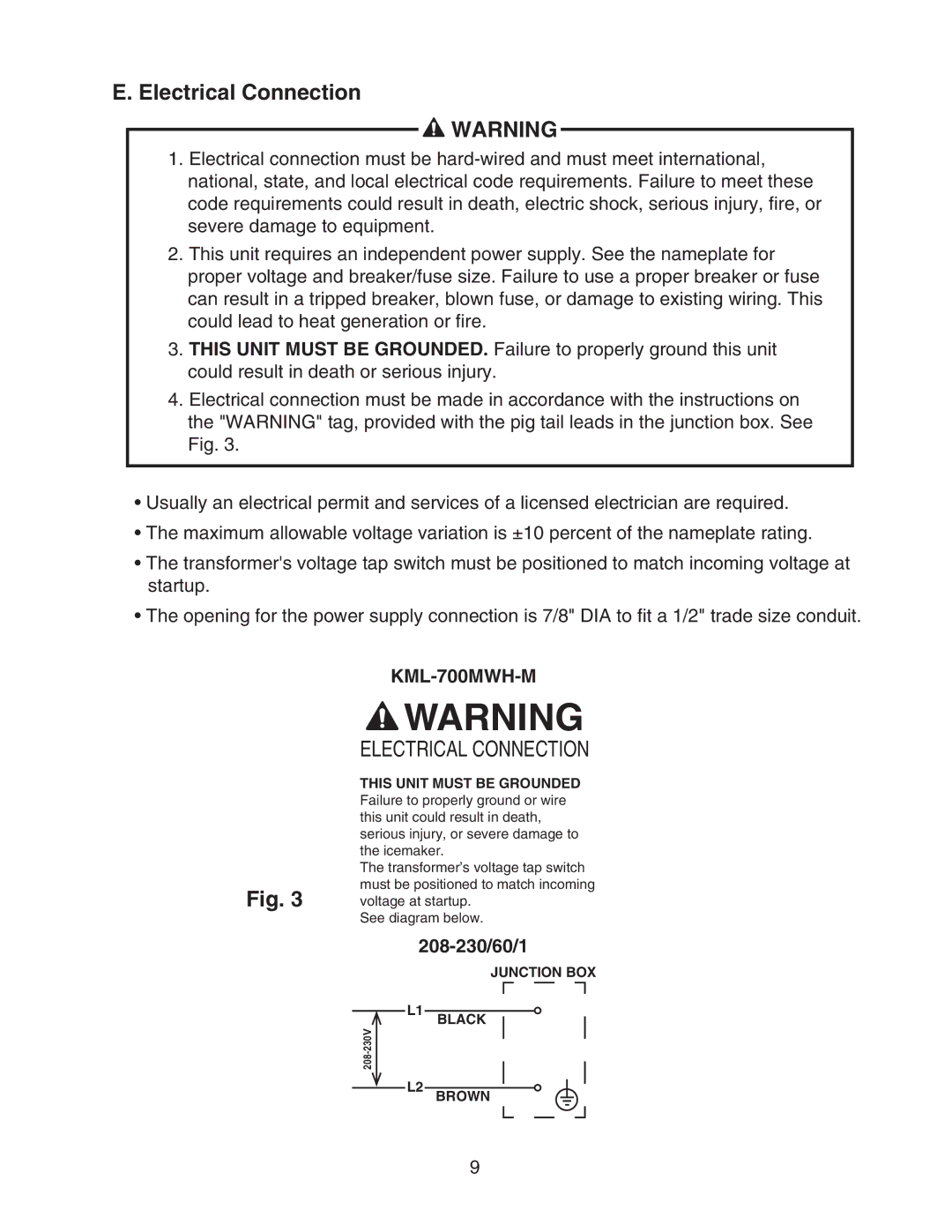 Hoshizaki KML-700MWH-M instruction manual Electrical Connection,  