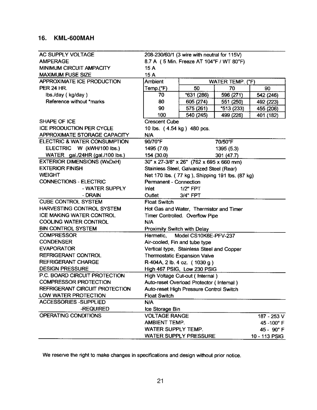 Hoshizaki KML F SERIES, KML H SERIES service manual KML-600MAH 