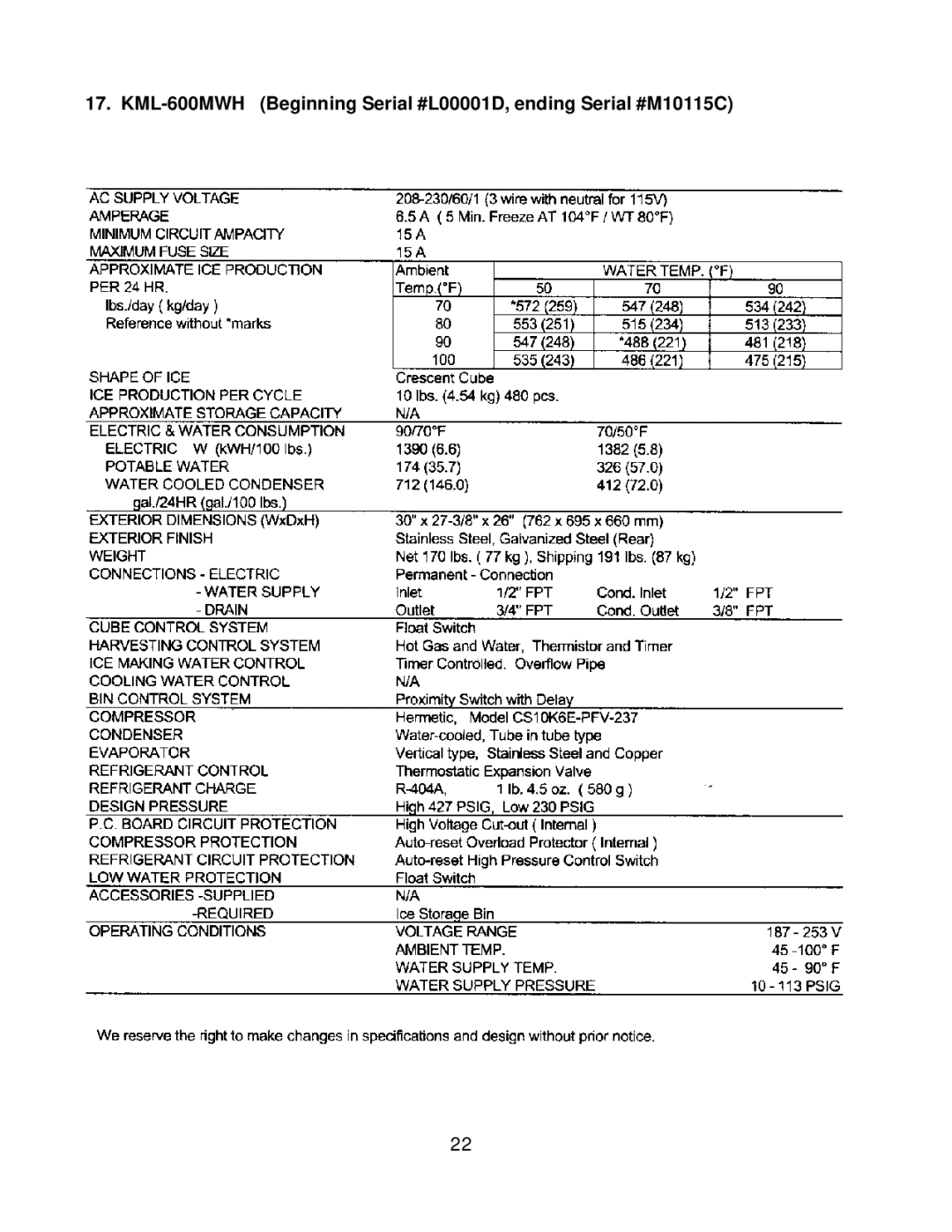 Hoshizaki KML H SERIES, KML F SERIES service manual KML-600MWH Beginning Serial #L00001D, ending Serial #M10115C 