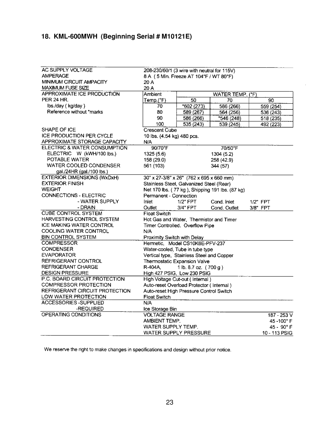 Hoshizaki KML F SERIES, KML H SERIES service manual KML-600MWH Beginning Serial # M10121E 