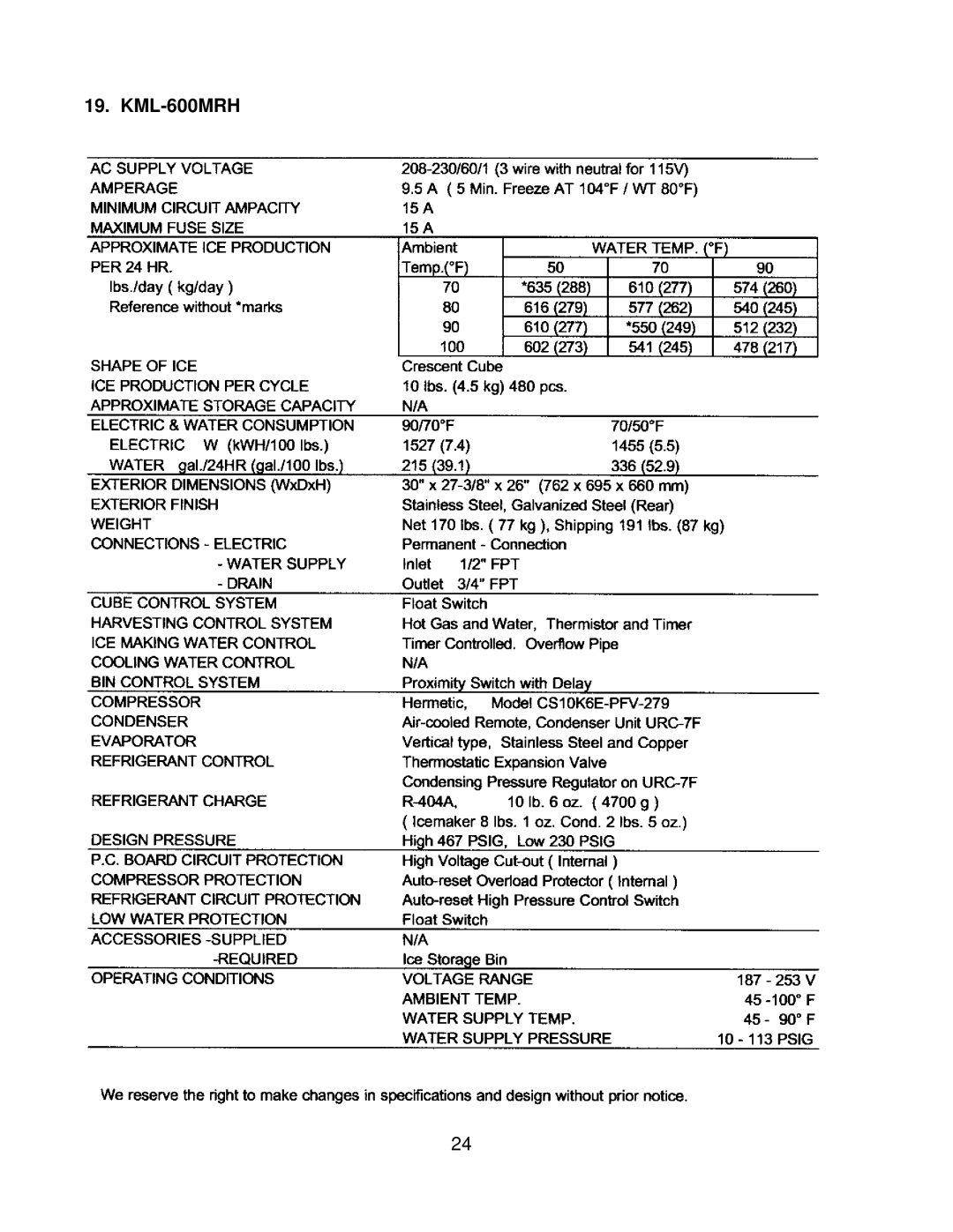 Hoshizaki KML H SERIES, KML F SERIES service manual KML-600MRH 