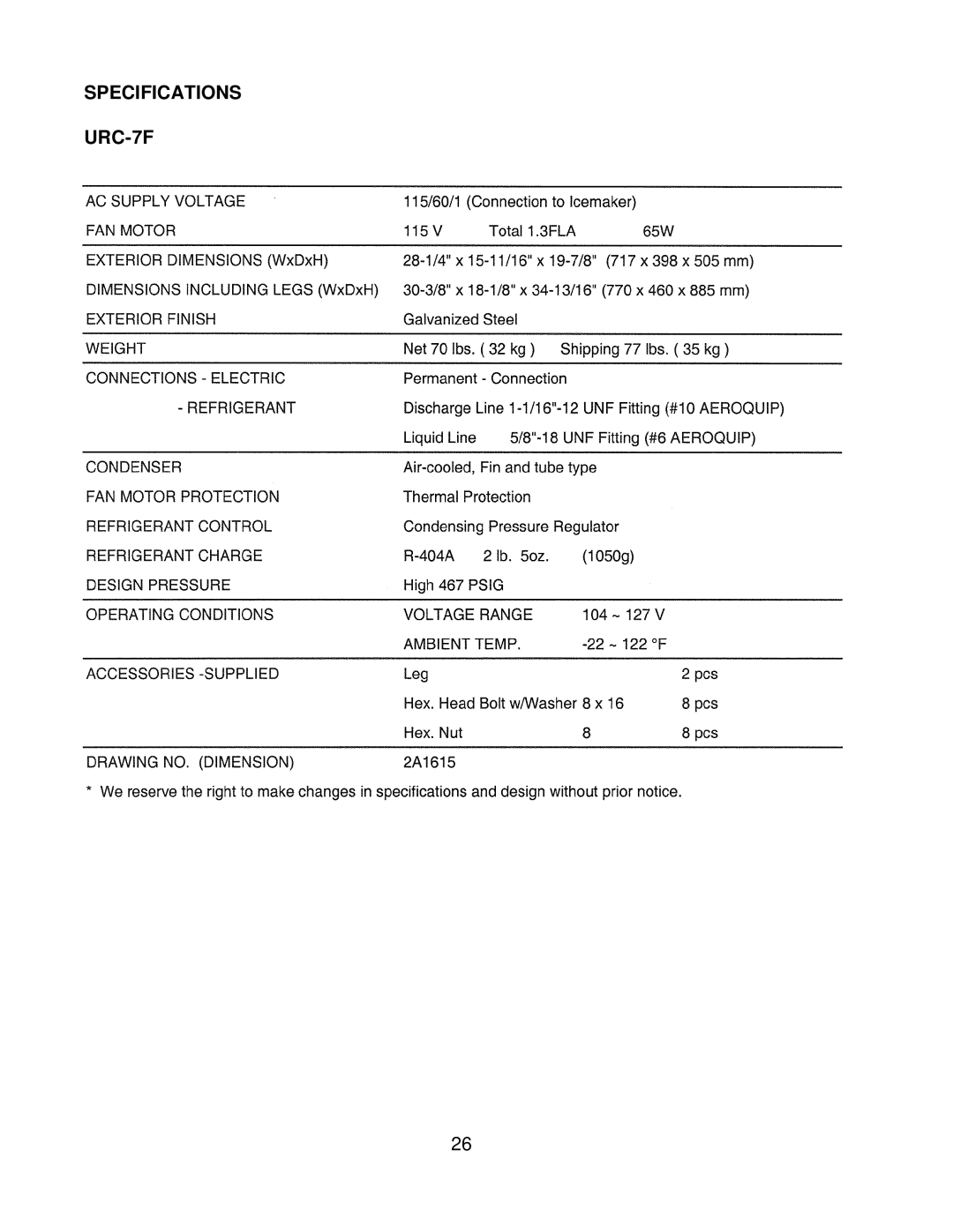 Hoshizaki KML H SERIES, KML F SERIES service manual Specifications URC-7F 