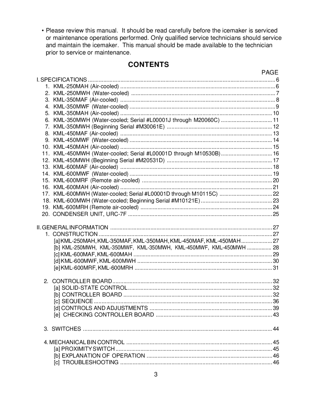 Hoshizaki KML F SERIES, KML H SERIES service manual Contents 