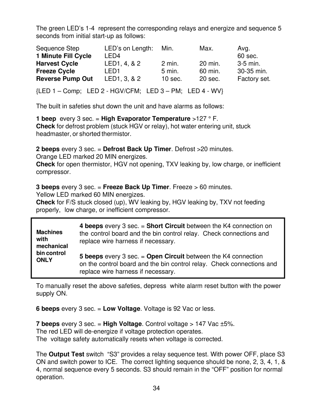 Hoshizaki KML H SERIES, KML F SERIES service manual Minute Fill Cycle, Harvest Cycle, Freeze Cycle, Reverse Pump Out 