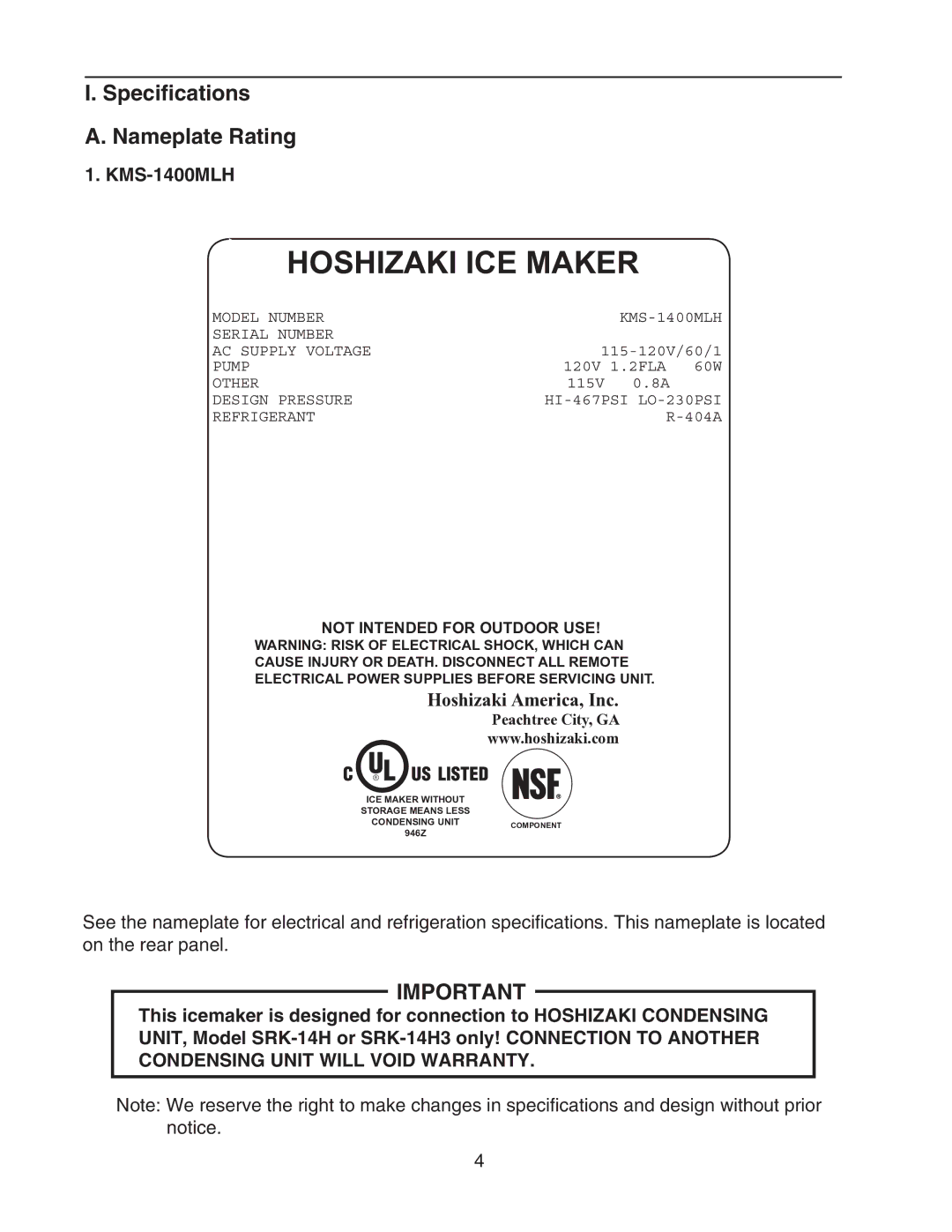 Hoshizaki KMS-1400MLH instruction manual Specifications Nameplate Rating 