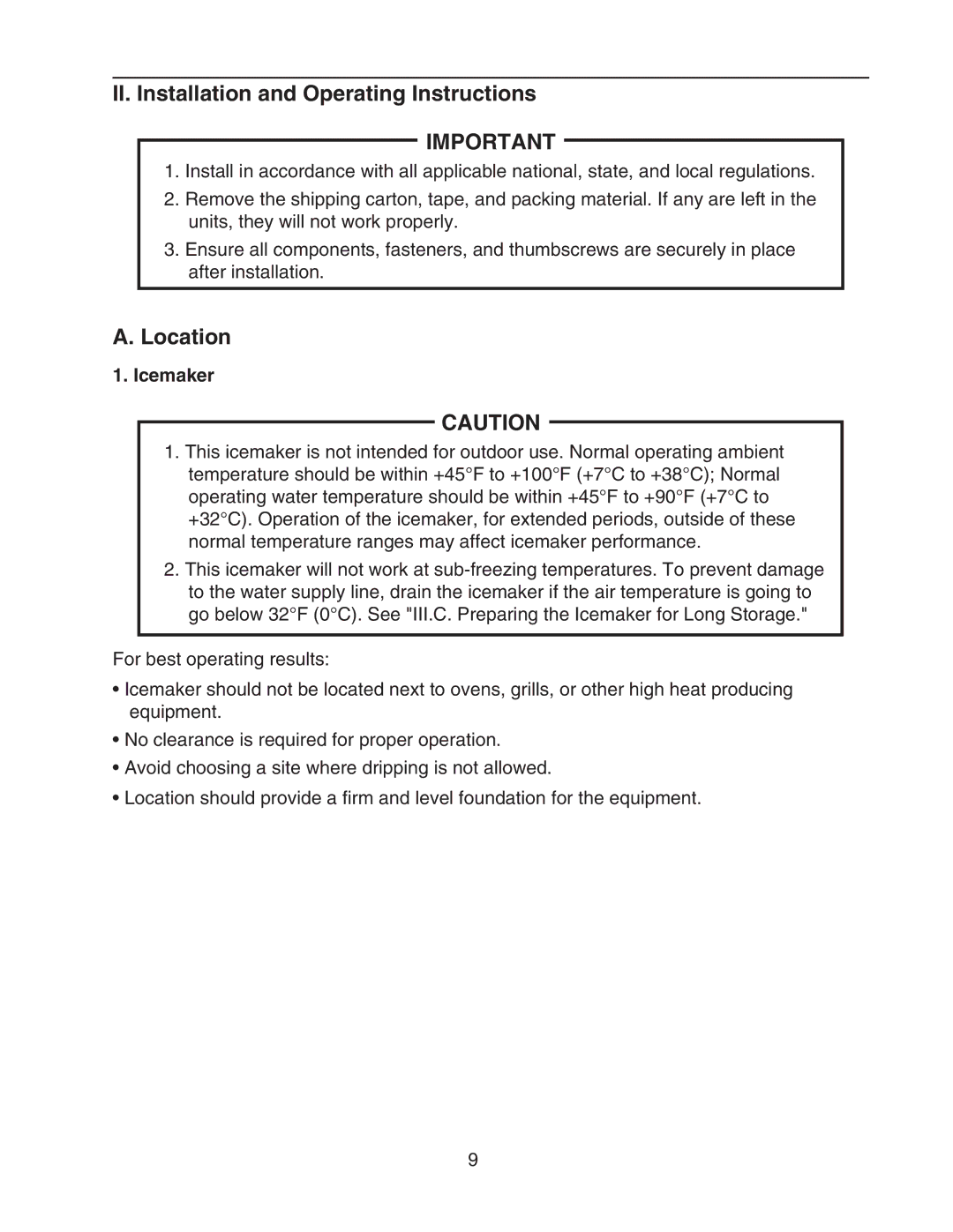 Hoshizaki KMS-1400MLH instruction manual II. Installation and Operating Instructions, Location, Icemaker 