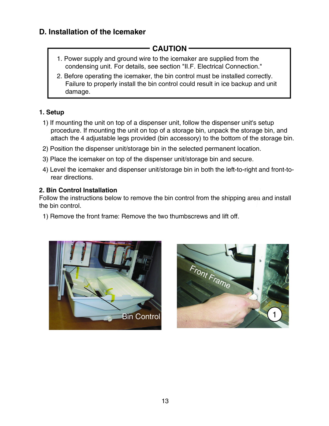 Hoshizaki KMS-1400MLH instruction manual D. Installation of the Icemaker, Setup, Bin Control Installation 