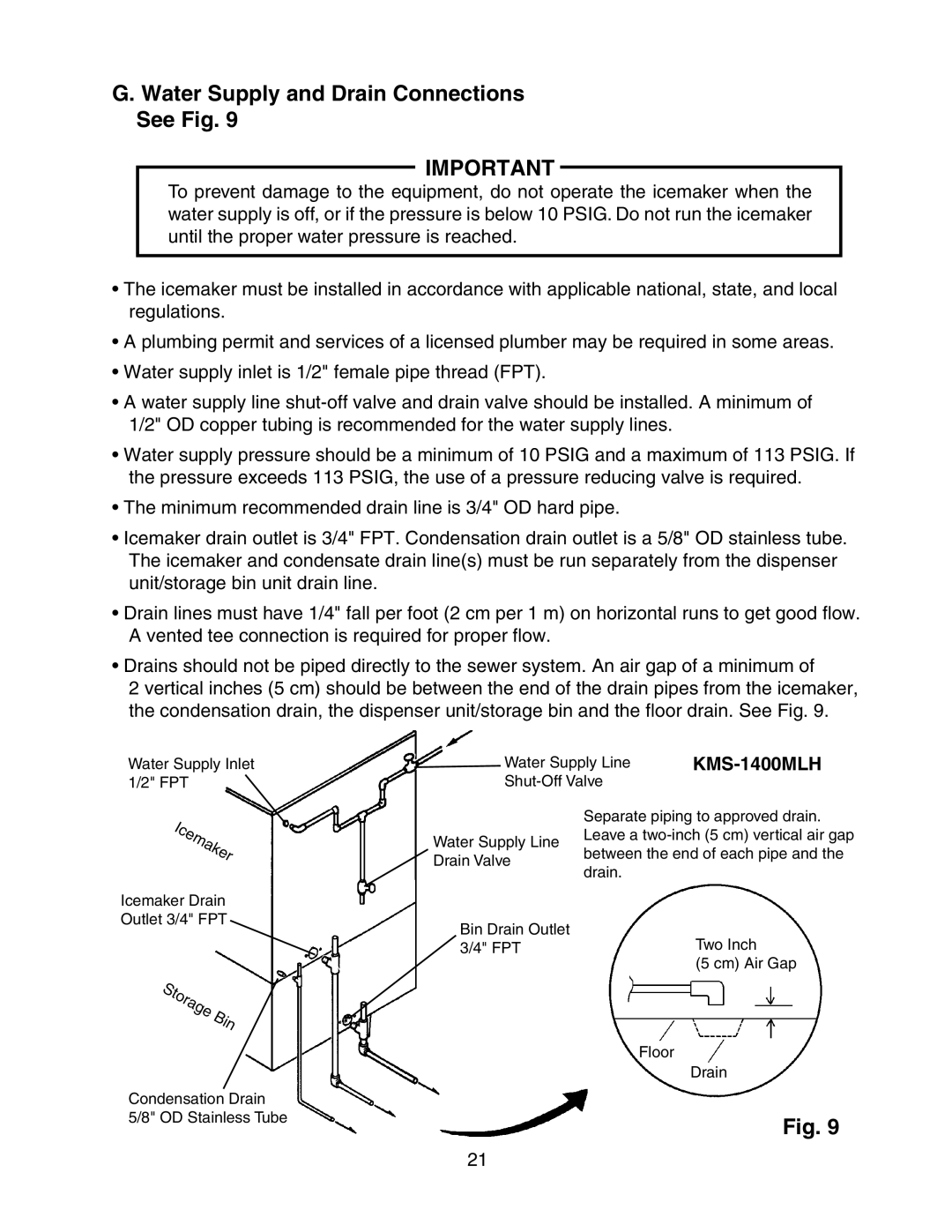Hoshizaki KMS-1400MLH instruction manual G. Water Supply and Drain Connections See Fig, Icemaker 