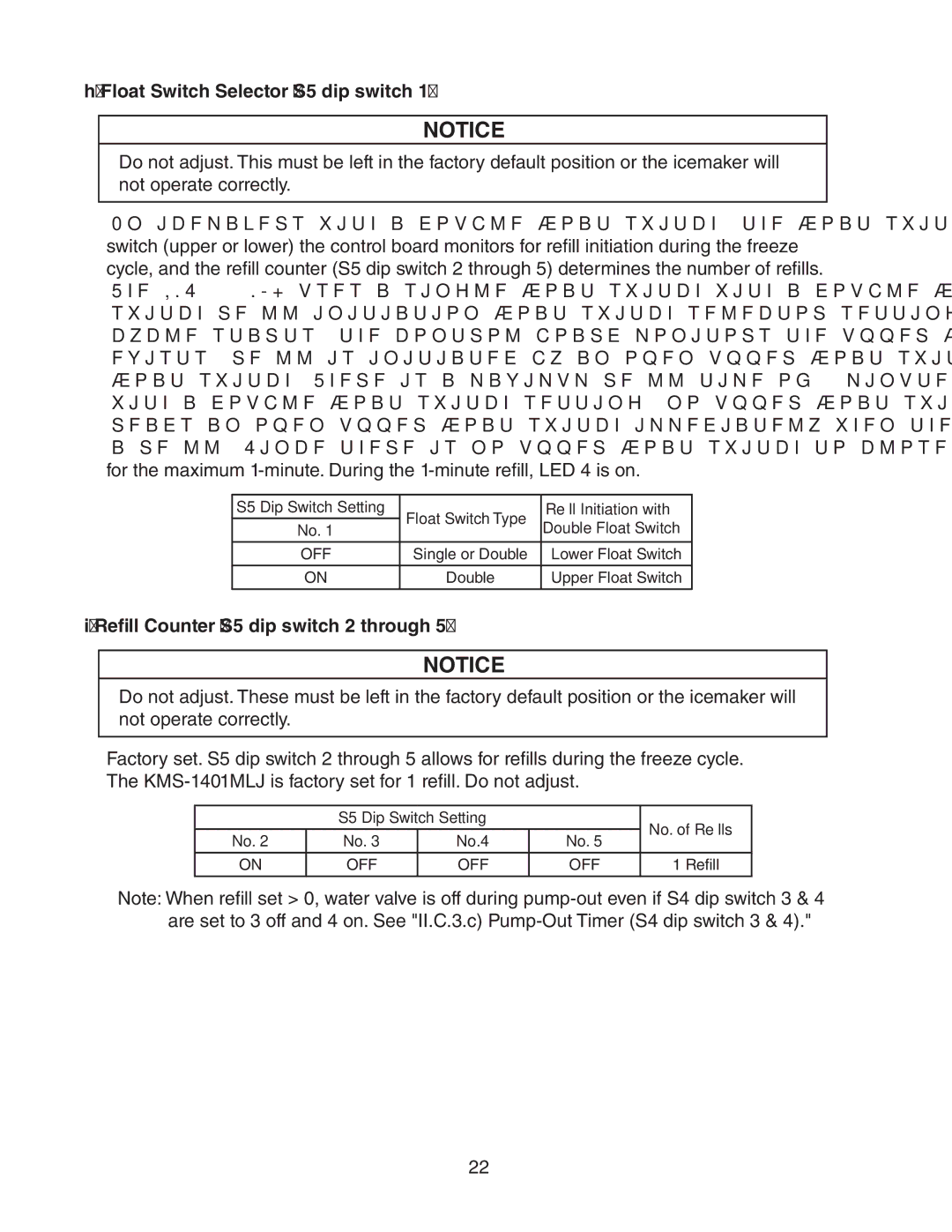 Hoshizaki KMS-1401MLJ service manual Float Switch Selector S5 dip switch, Refill Counter S5 dip switch 2 through 