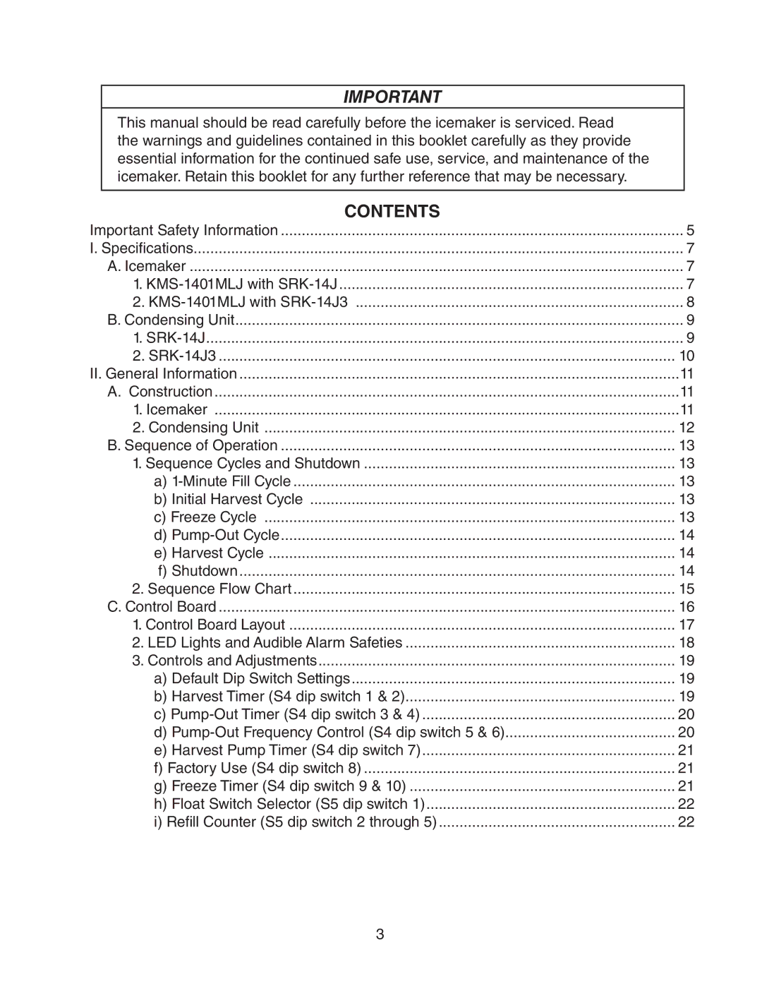 Hoshizaki Condensing Unit Models SRK-14J/3, KMS-1401MLJ service manual Contents 