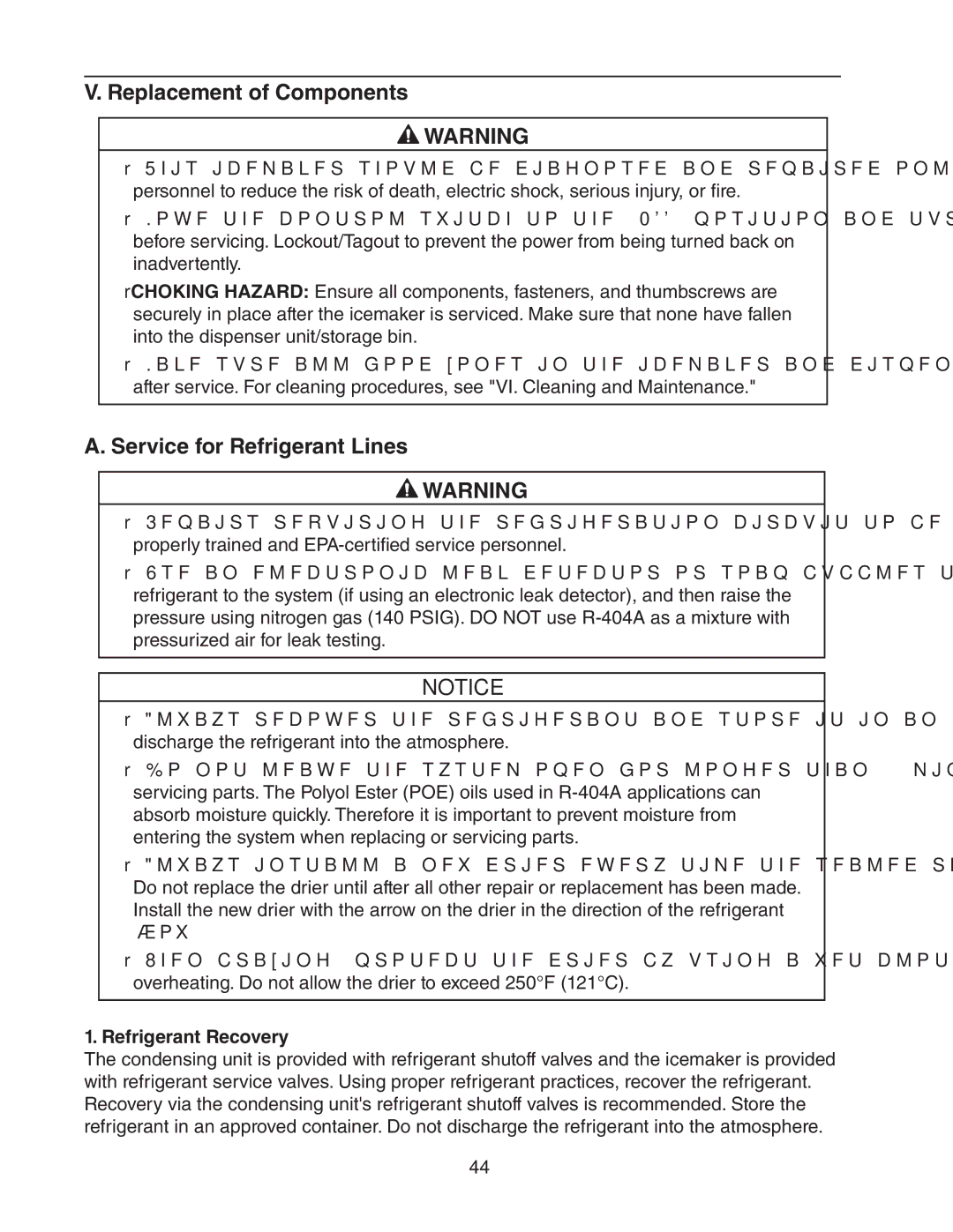 Hoshizaki KMS-1401MLJ service manual Replacement of Components, Service for Refrigerant Lines, Refrigerant Recovery 