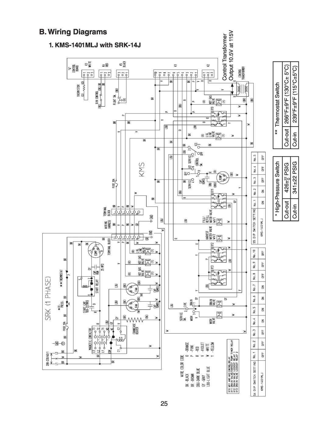 Hoshizaki Condensing Unit Models SRK-14J/3 B. Wiring Diagrams, KMS-1401MLJ with SRK-14J, Transformer 10.5V at 