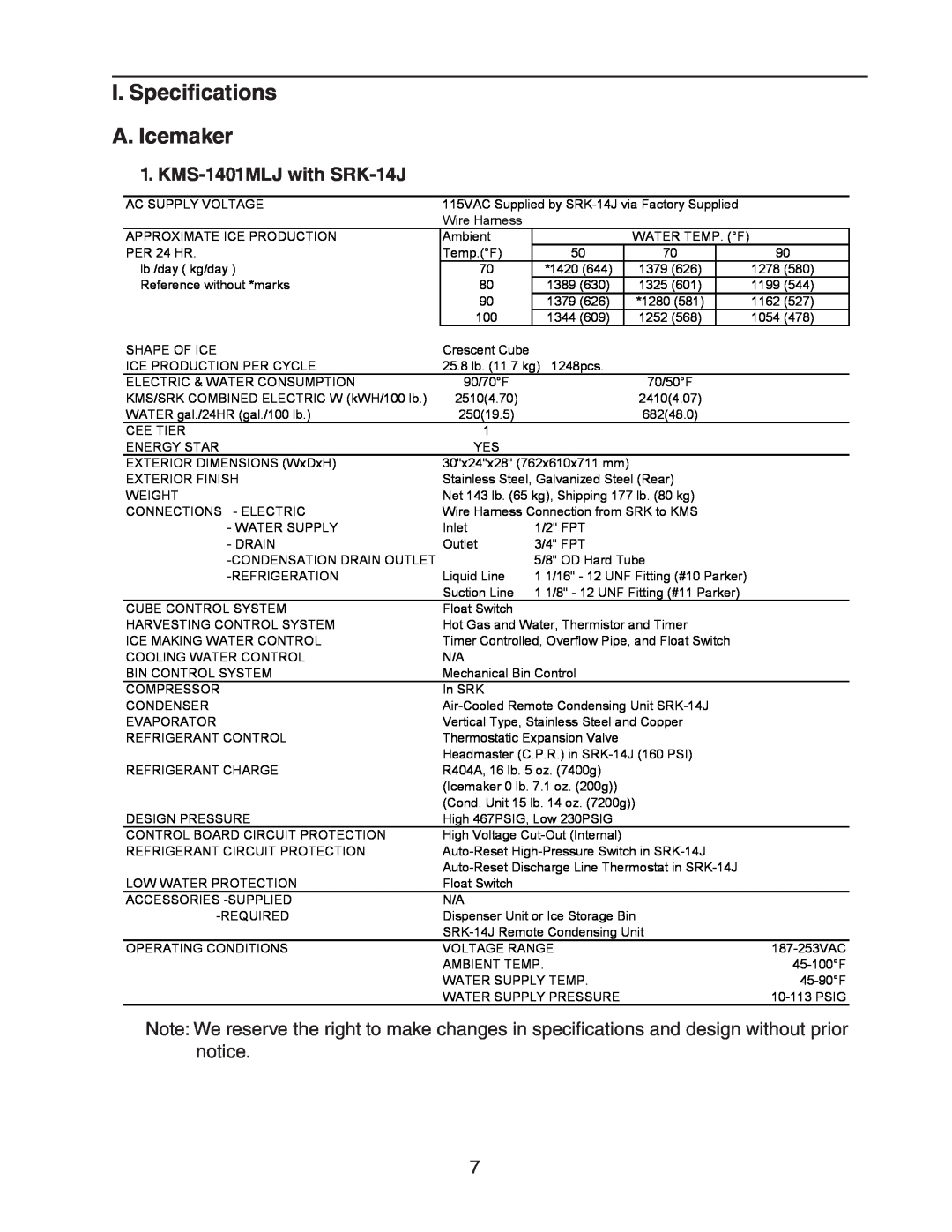 Hoshizaki Condensing Unit Models SRK-14J/3 service manual I. Specifications A. Icemaker, KMS-1401MLJ with SRK-14J 
