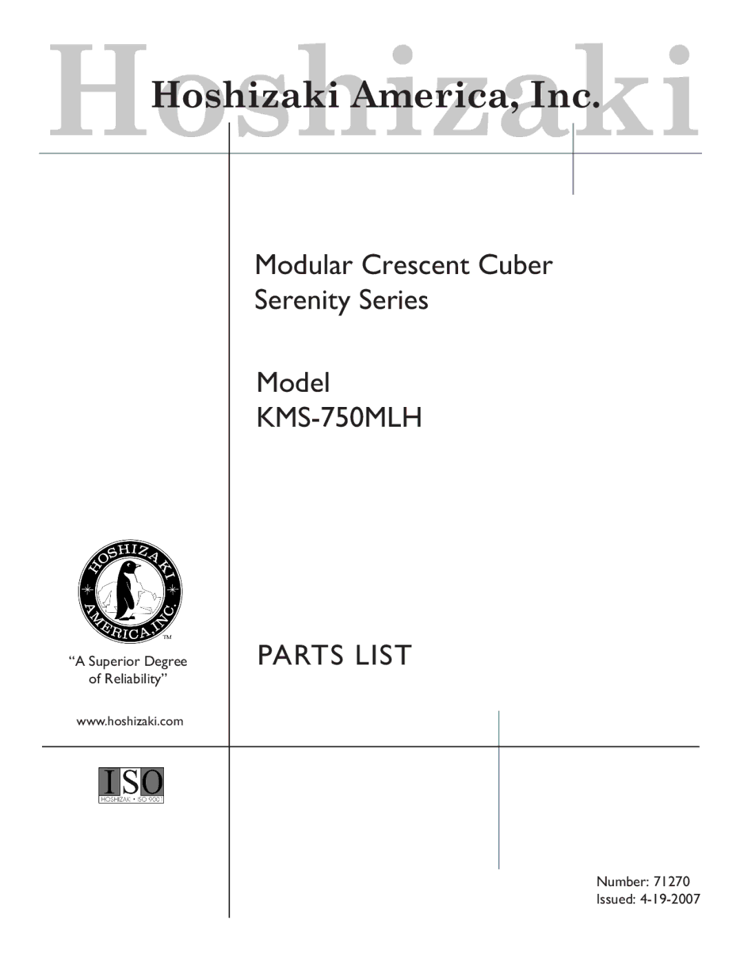 Hoshizaki manual KMS-750MLH Parts List 