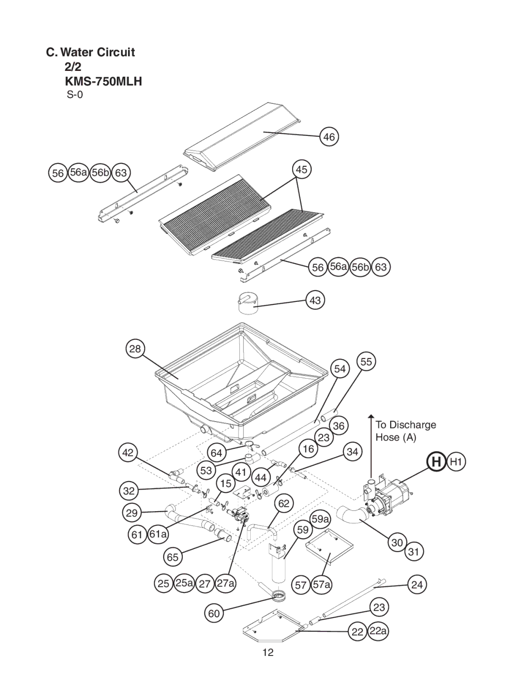 Hoshizaki KMS-750MLH manual 56 56a 56b To Discharge Hose a 61a 25a, 59a 57 57a 22 22a 