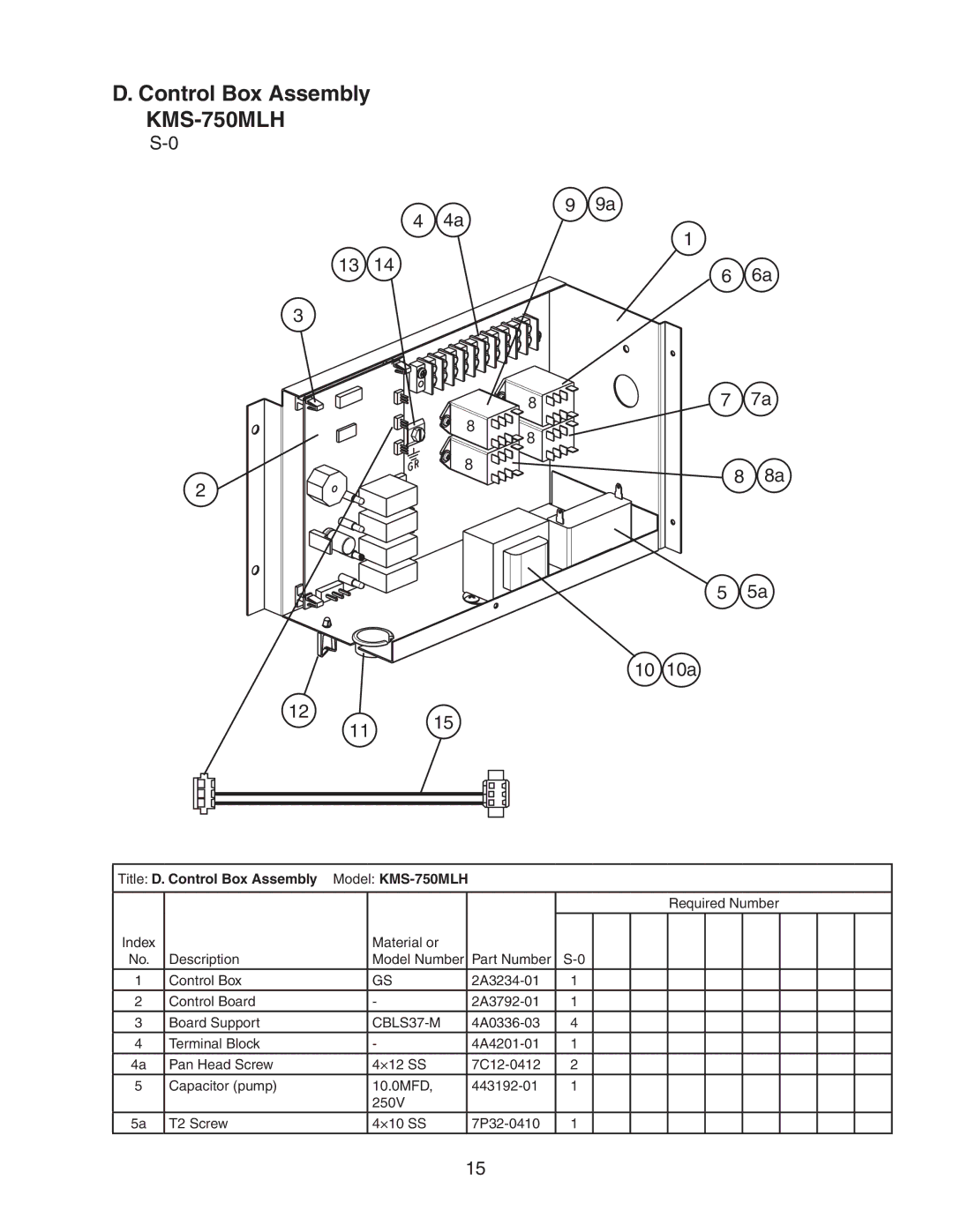 Hoshizaki manual 10 10a, Title D. Control Box Assembly Model KMS-750MLH, CBLS37-M 