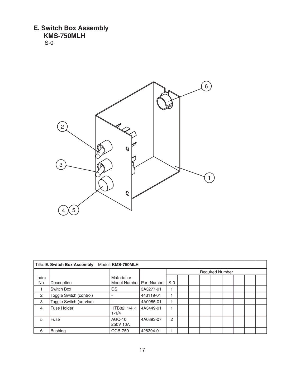 Hoshizaki manual Title E. Switch Box Assembly Model KMS-750MLH 