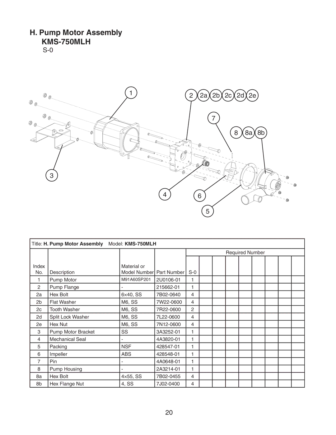 Hoshizaki manual 8a 8b, Title H. Pump Motor Assembly Model KMS-750MLH, Nsf 