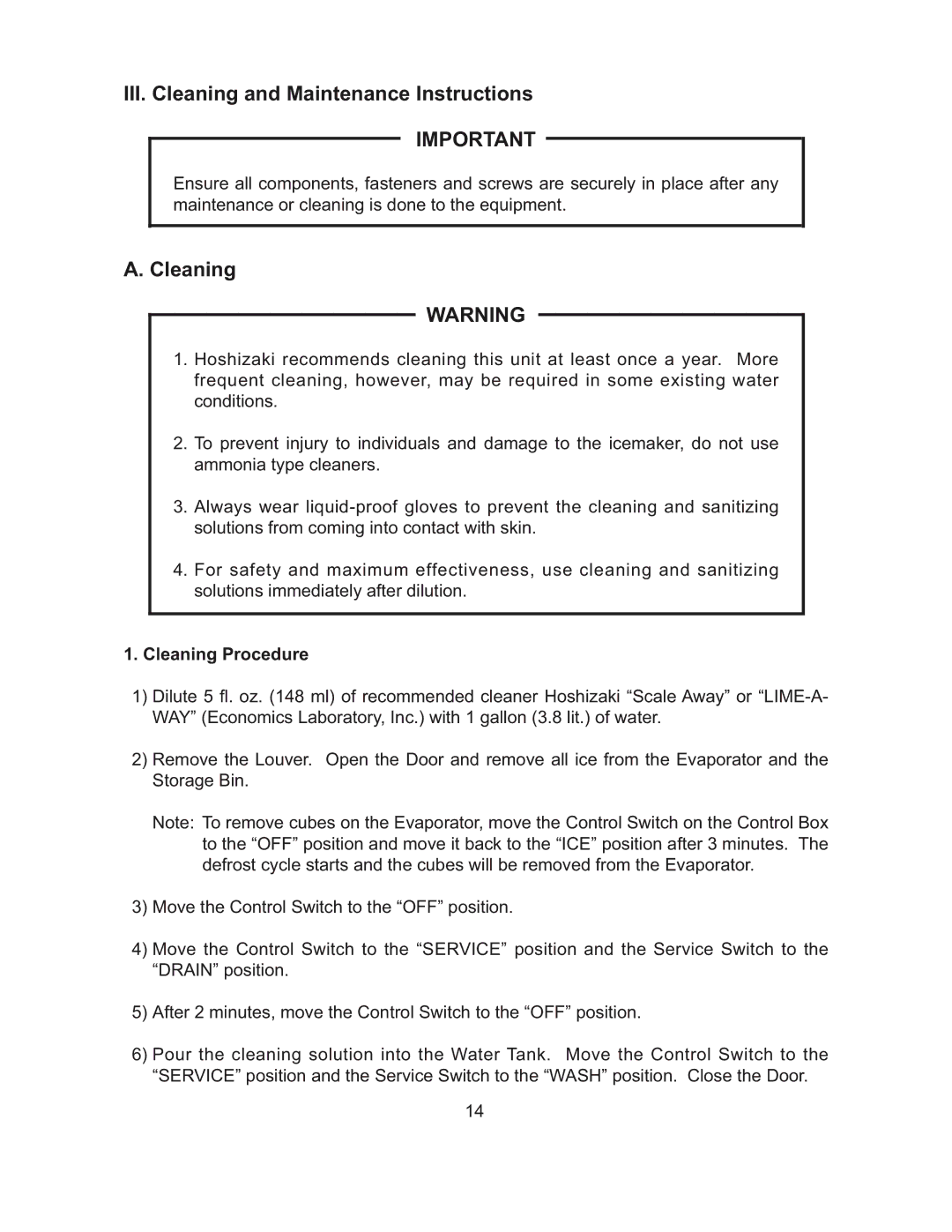 Hoshizaki L1F015102 instruction manual III. Cleaning and Maintenance Instructions, Cleaning Procedure 