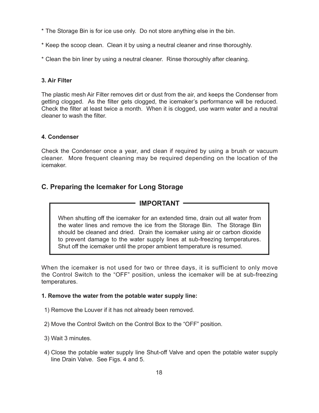 Hoshizaki L1F015102 instruction manual Preparing the Icemaker for Long Storage, Air Filter, Condenser 